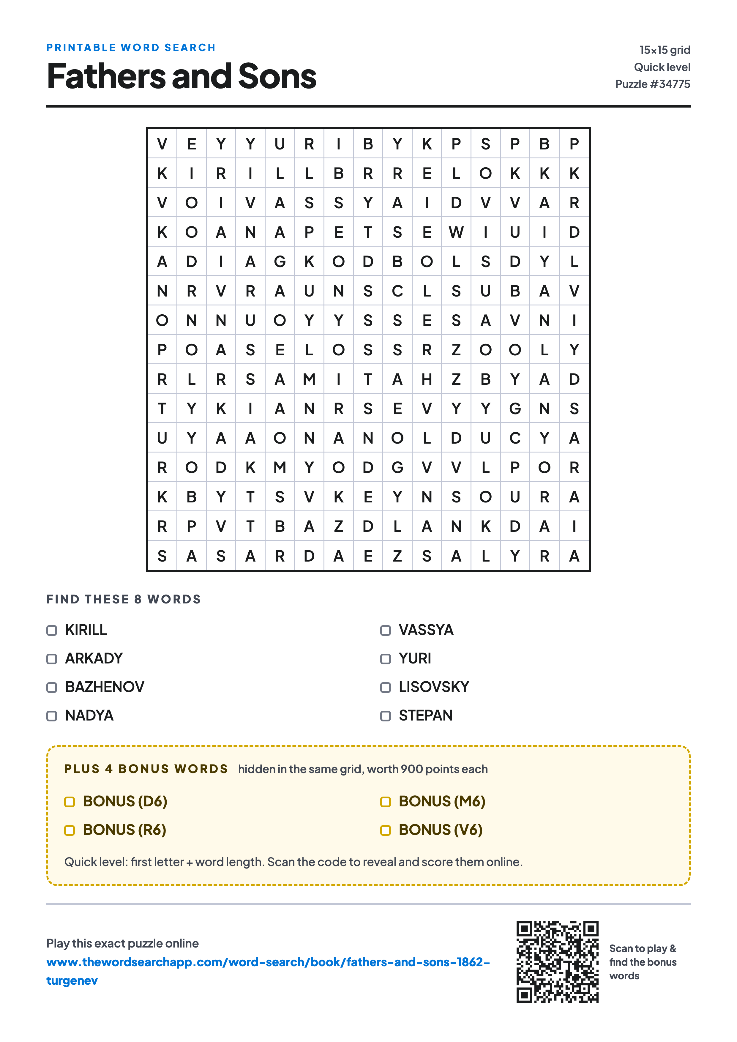 Printable Fathers and Sons word search — 15×15 letter grid with 8 words to find including KIRILL, ARKADY, BAZHENOV, plus 4 hidden bonus words