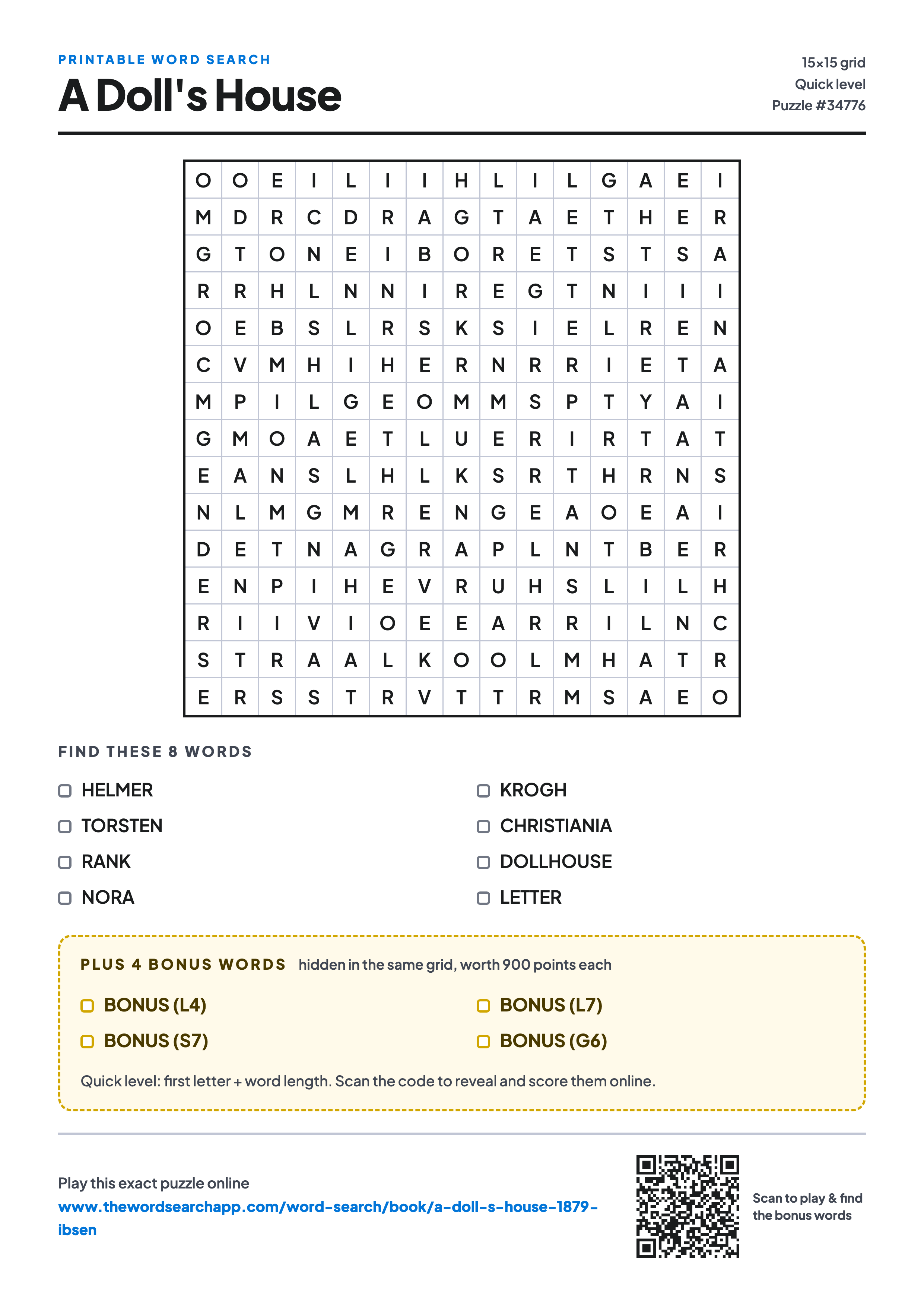 Printable A Doll's House word search — 15×15 letter grid with 8 words to find including HELMER, TORSTEN, RANK, plus 4 hidden bonus words