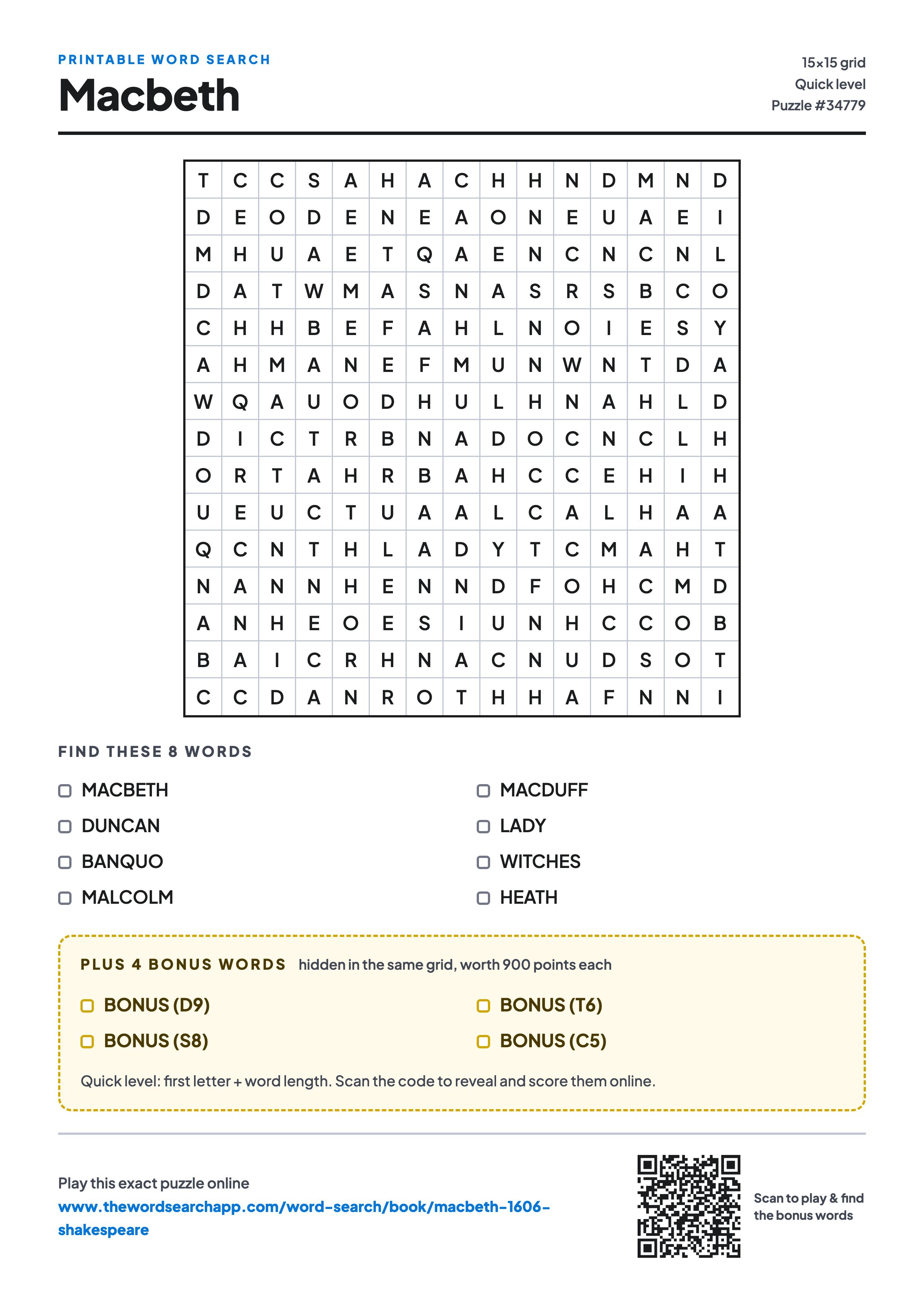 Printable Macbeth word search — 15×15 letter grid with 8 words to find including MACBETH, DUNCAN, BANQUO, plus 4 hidden bonus words