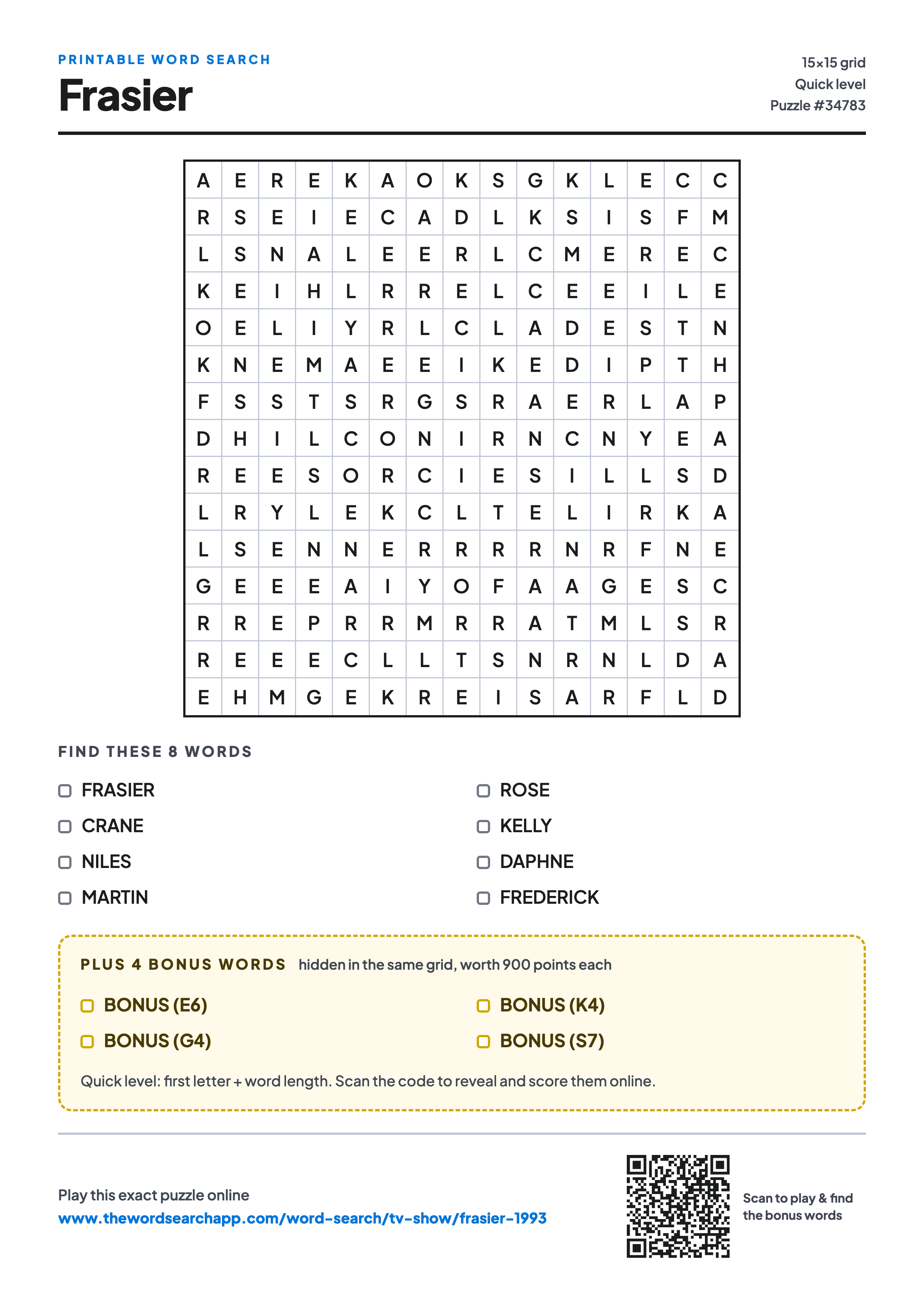 Printable Frasier word search — 15×15 letter grid with 8 words to find including FRASIER, CRANE, NILES, plus 4 hidden bonus words