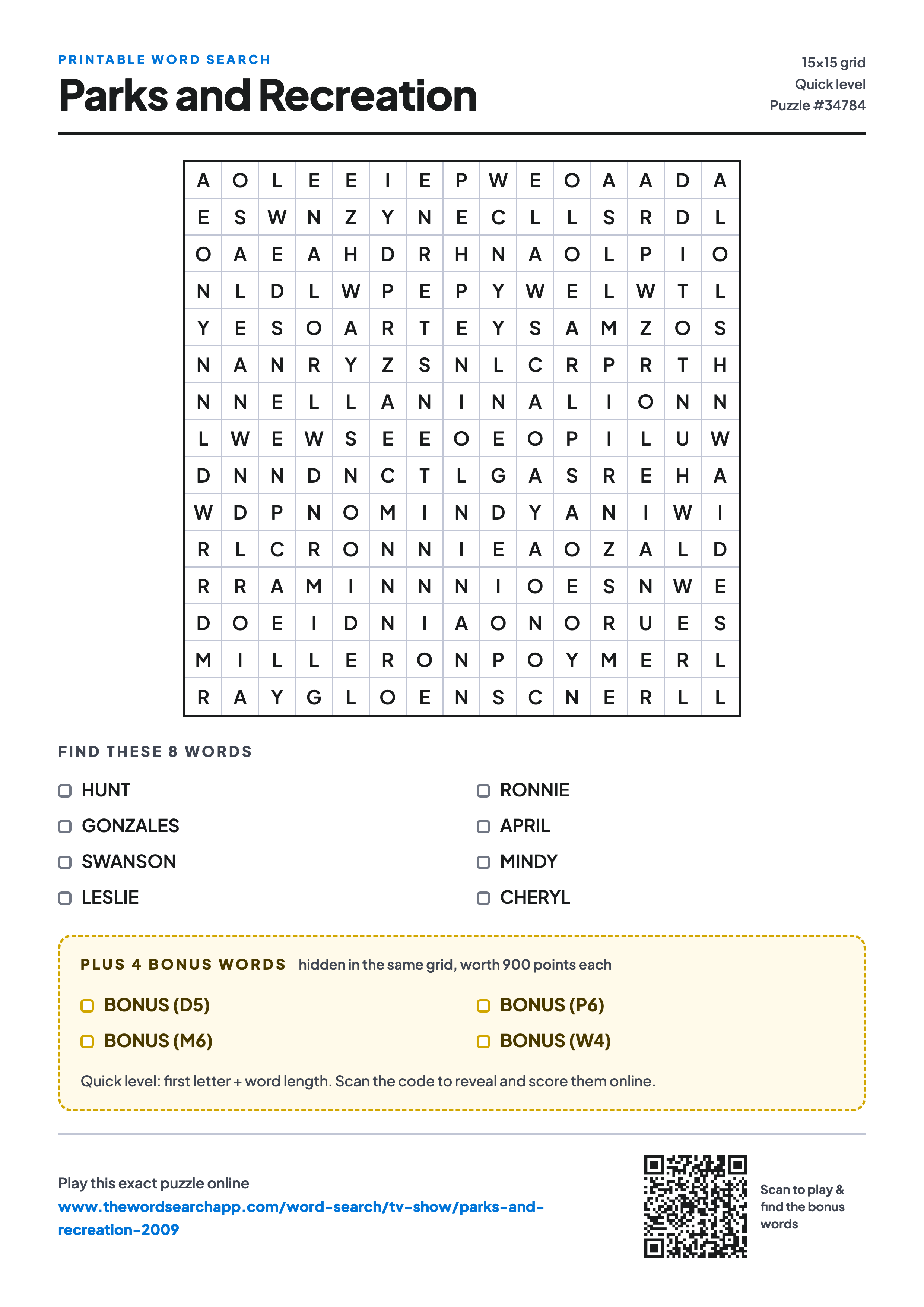 Printable Parks and Recreation word search — 15×15 letter grid with 8 words to find including HUNT, GONZALES, SWANSON, plus 4 hidden bonus words