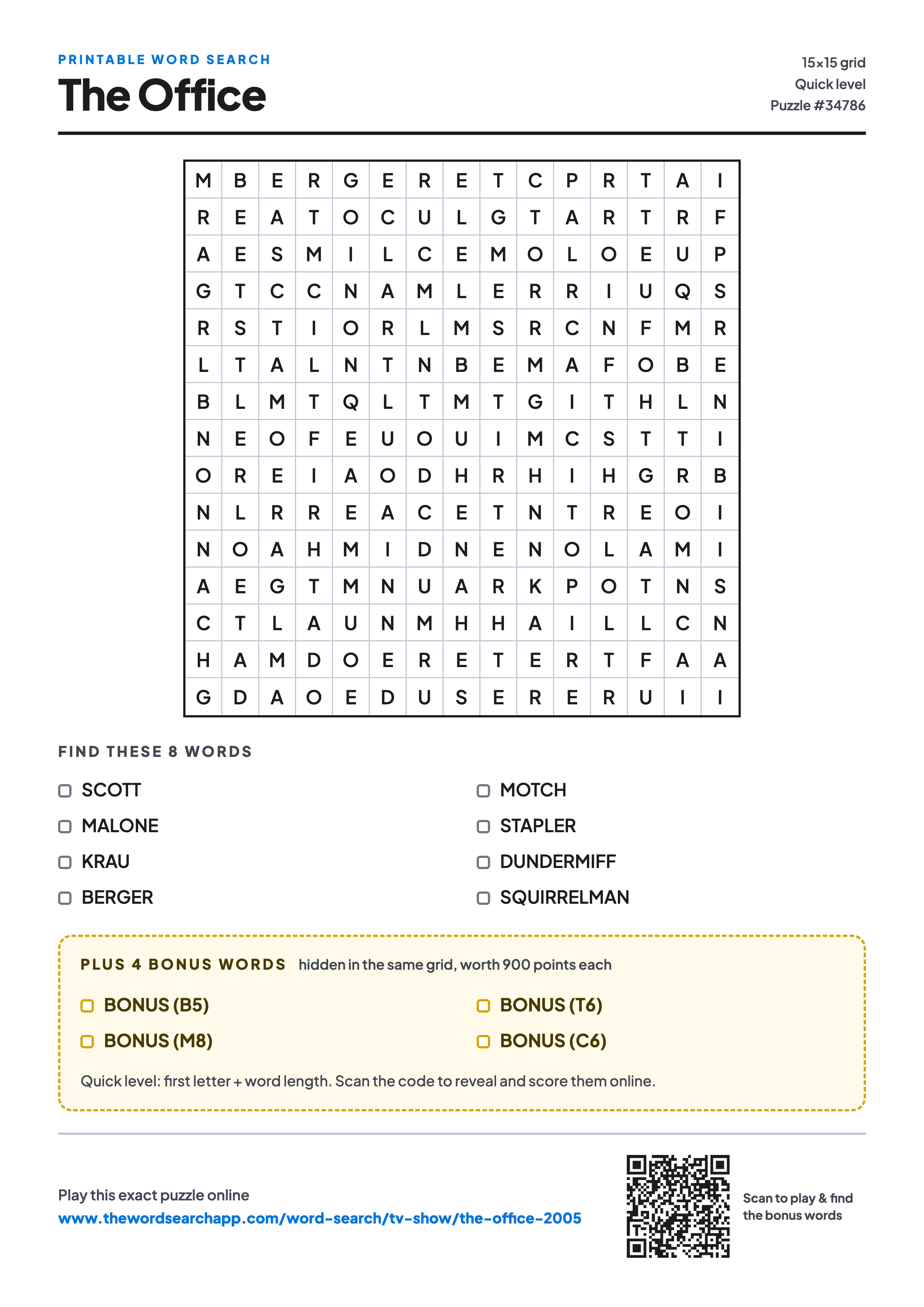 Printable The Office word search — 15×15 letter grid with 8 words to find including SCOTT, MALONE, KRAU, plus 4 hidden bonus words
