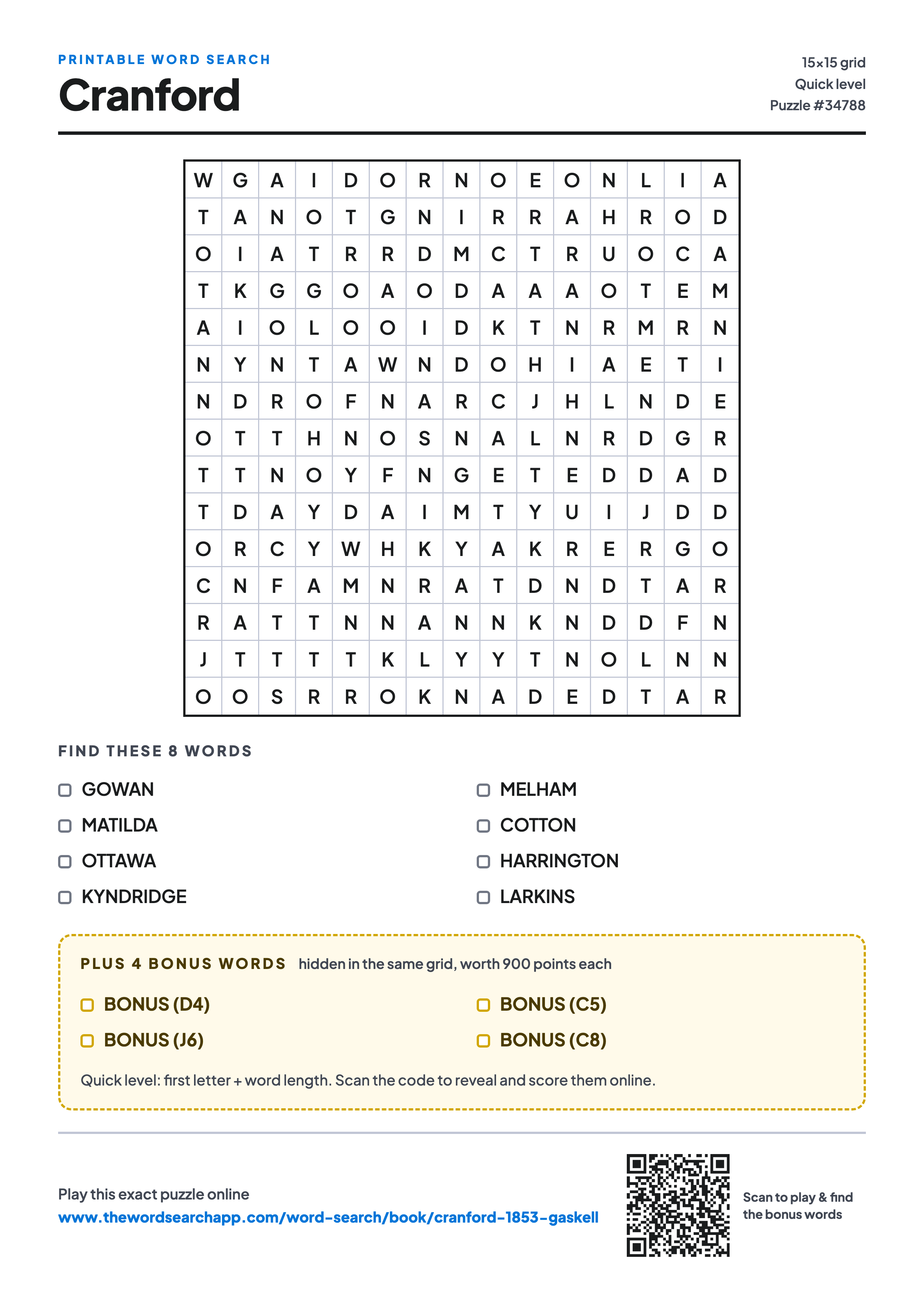 Printable Cranford word search — 15×15 letter grid with 8 words to find including GOWAN, MATILDA, OTTAWA, plus 4 hidden bonus words