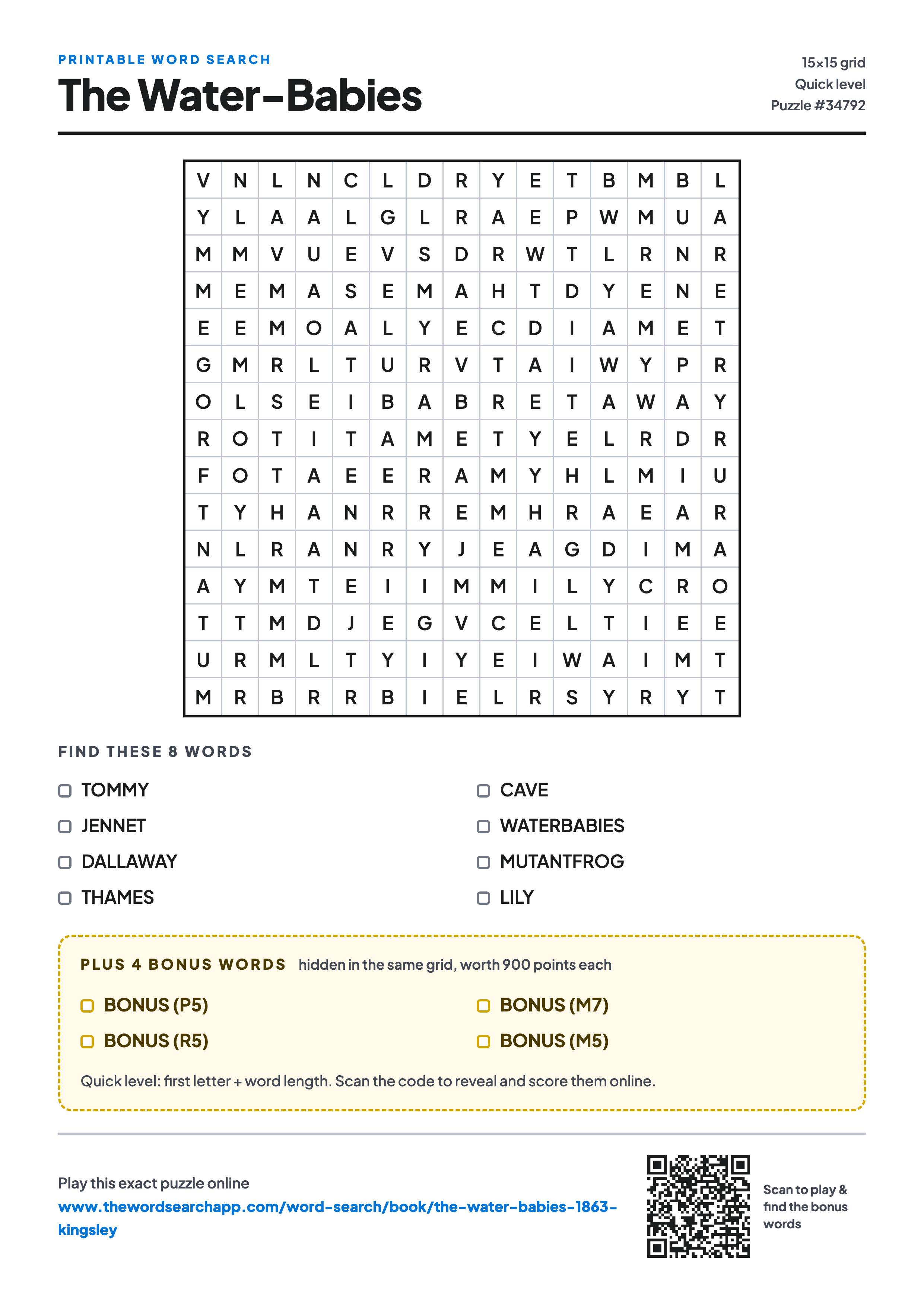 Printable The Water-Babies word search — 15×15 letter grid with 8 words to find including TOMMY, JENNET, DALLAWAY, plus 4 hidden bonus words