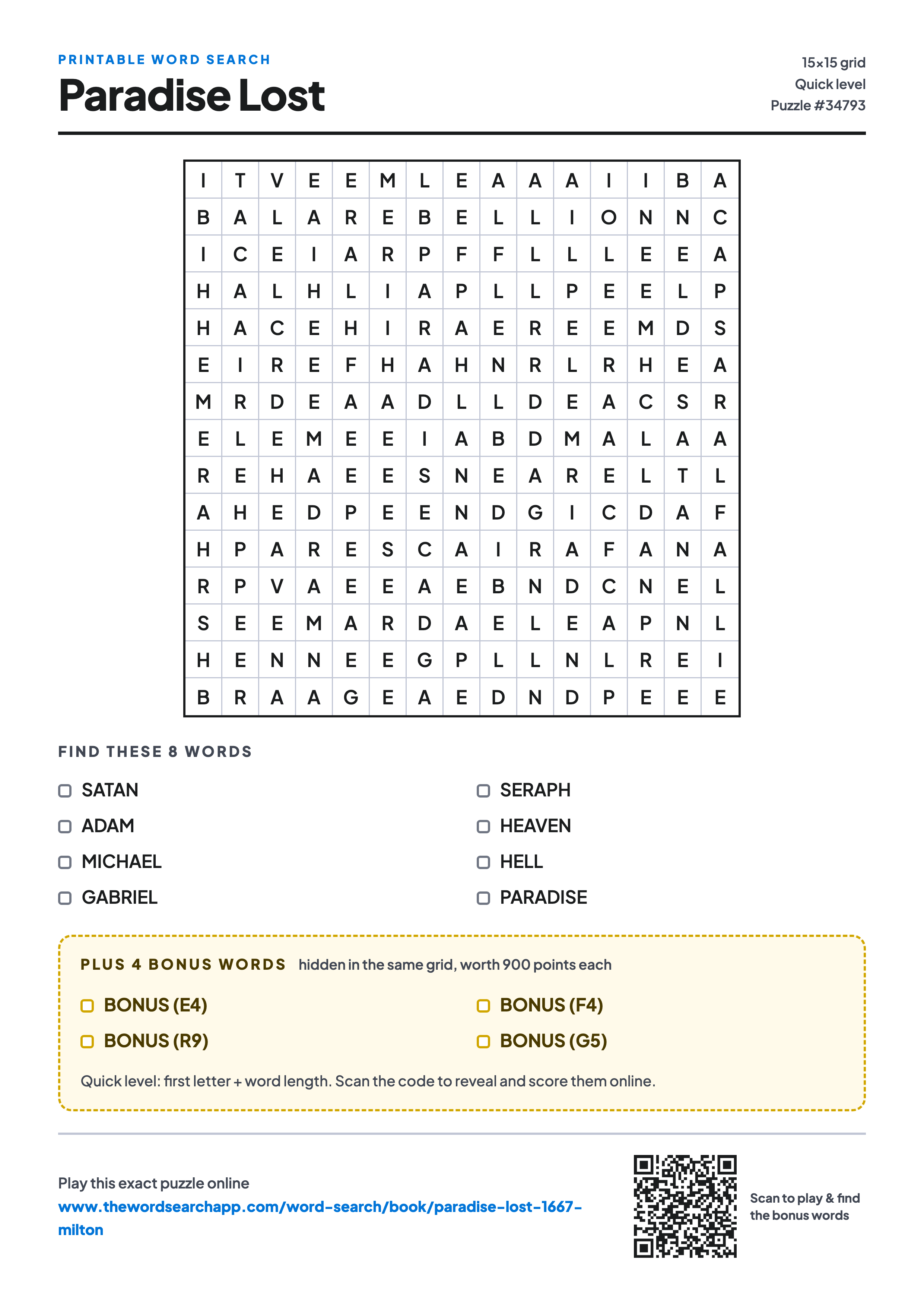 Printable Paradise Lost word search — 15×15 letter grid with 8 words to find including SATAN, ADAM, MICHAEL, plus 4 hidden bonus words