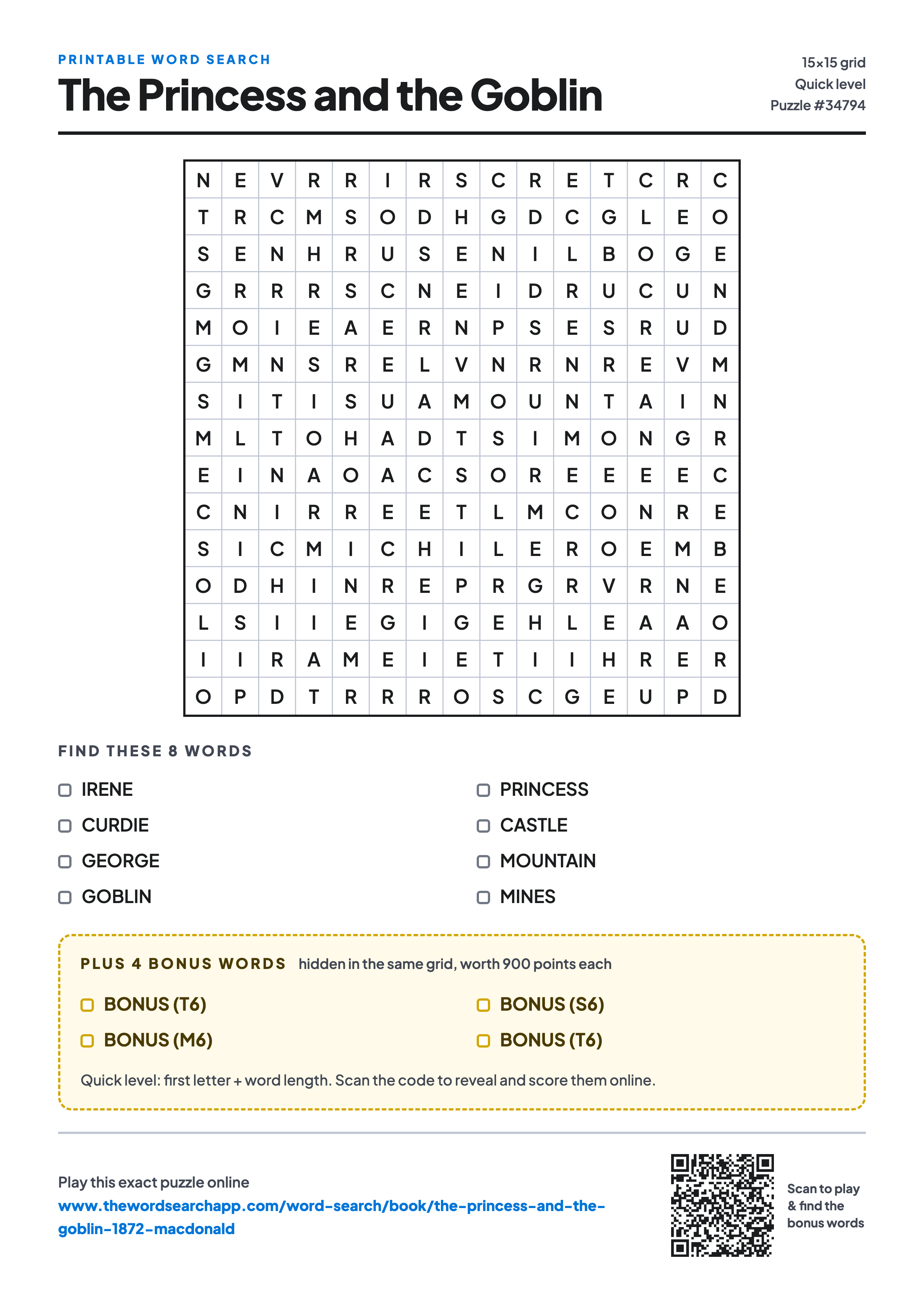 Printable The Princess and the Goblin word search — 15×15 letter grid with 8 words to find including IRENE, CURDIE, GEORGE, plus 4 hidden bonus words