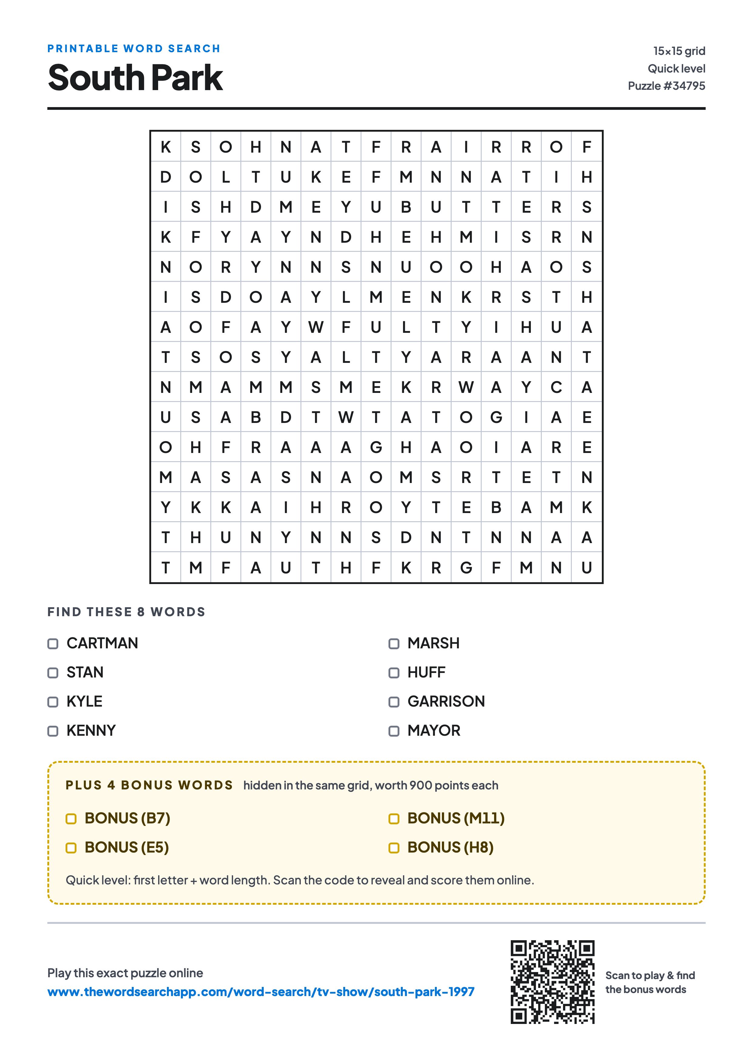 Printable South Park word search — 15×15 letter grid with 8 words to find including CARTMAN, STAN, KYLE, plus 4 hidden bonus words