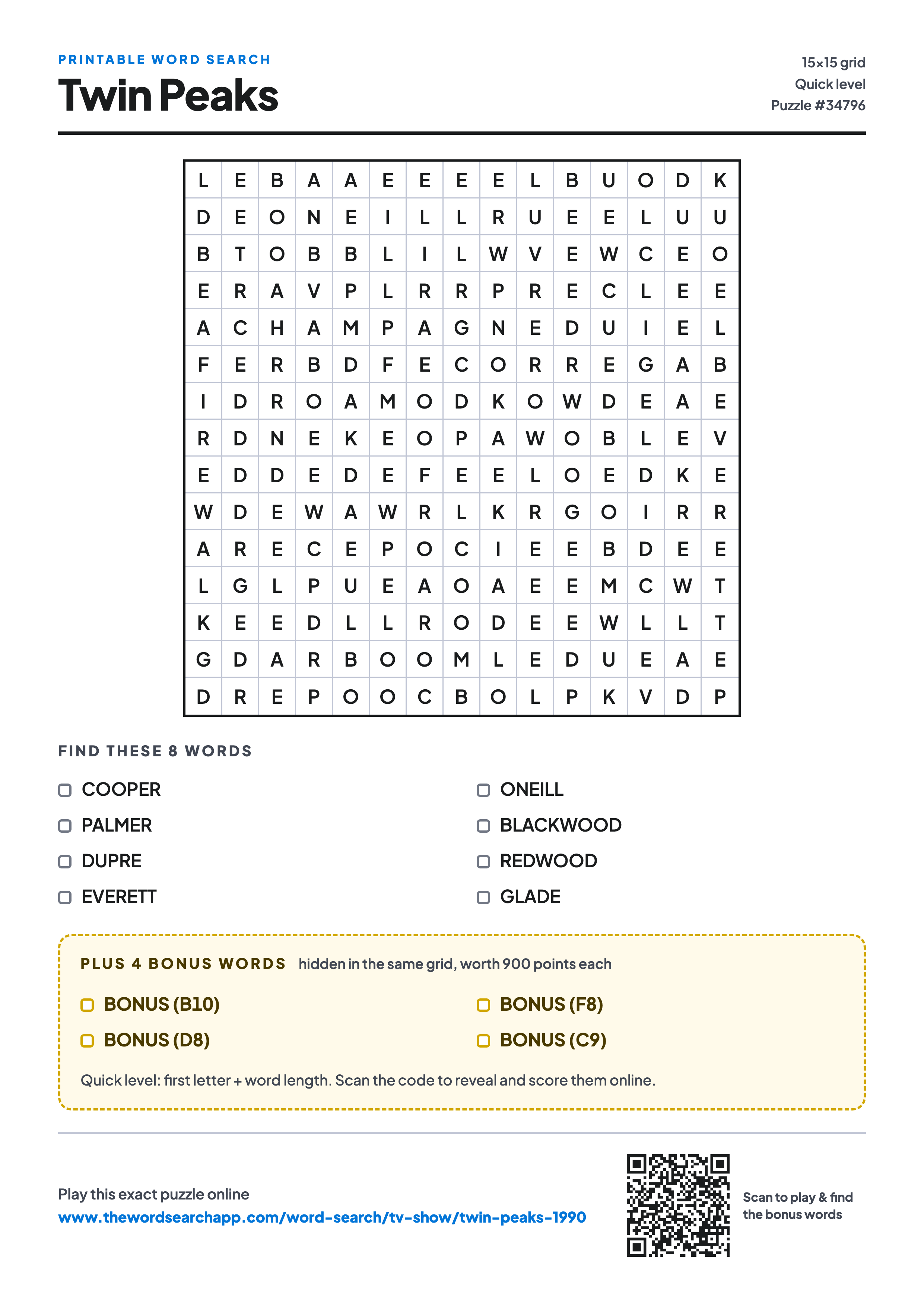 Printable Twin Peaks word search — 15×15 letter grid with 8 words to find including COOPER, PALMER, DUPRE, plus 4 hidden bonus words