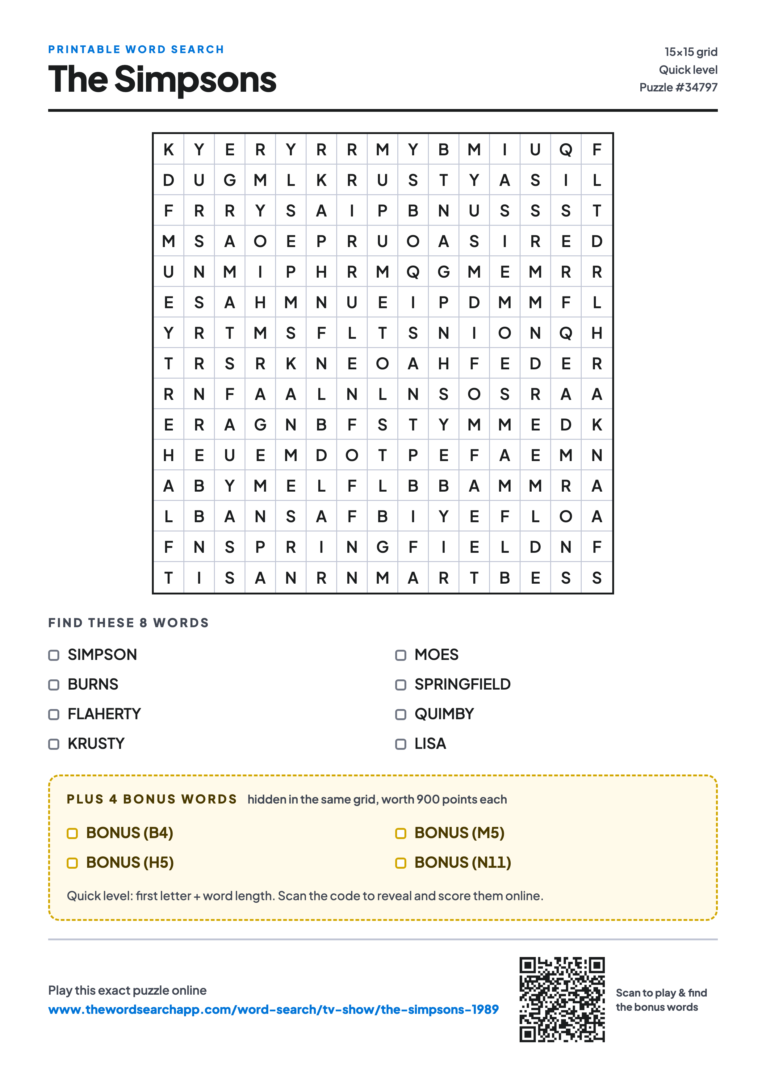 Printable The Simpsons word search — 15×15 letter grid with 8 words to find including SIMPSON, BURNS, FLAHERTY, plus 4 hidden bonus words