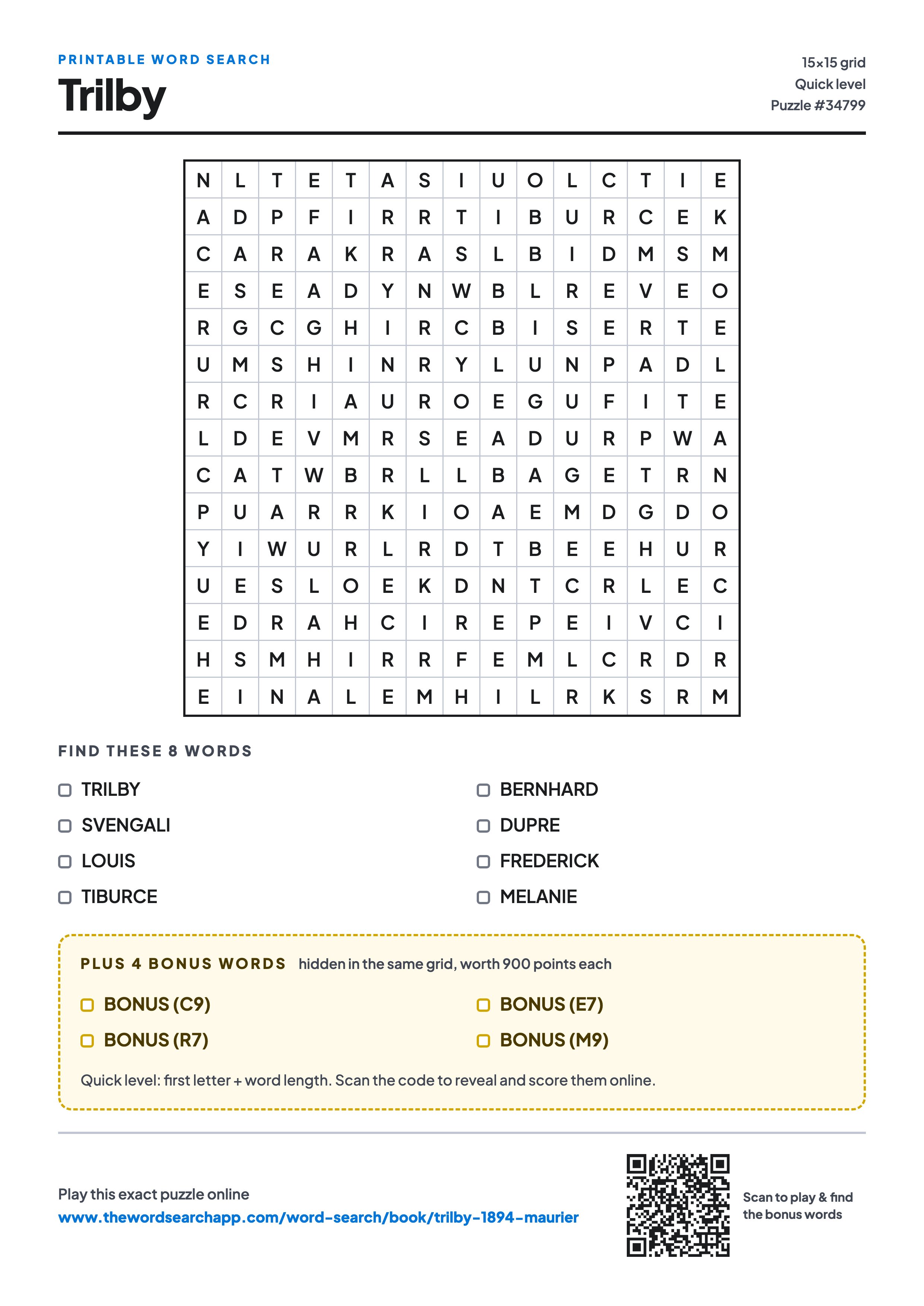 Printable Trilby word search — 15×15 letter grid with 8 words to find including TRILBY, SVENGALI, LOUIS, plus 4 hidden bonus words