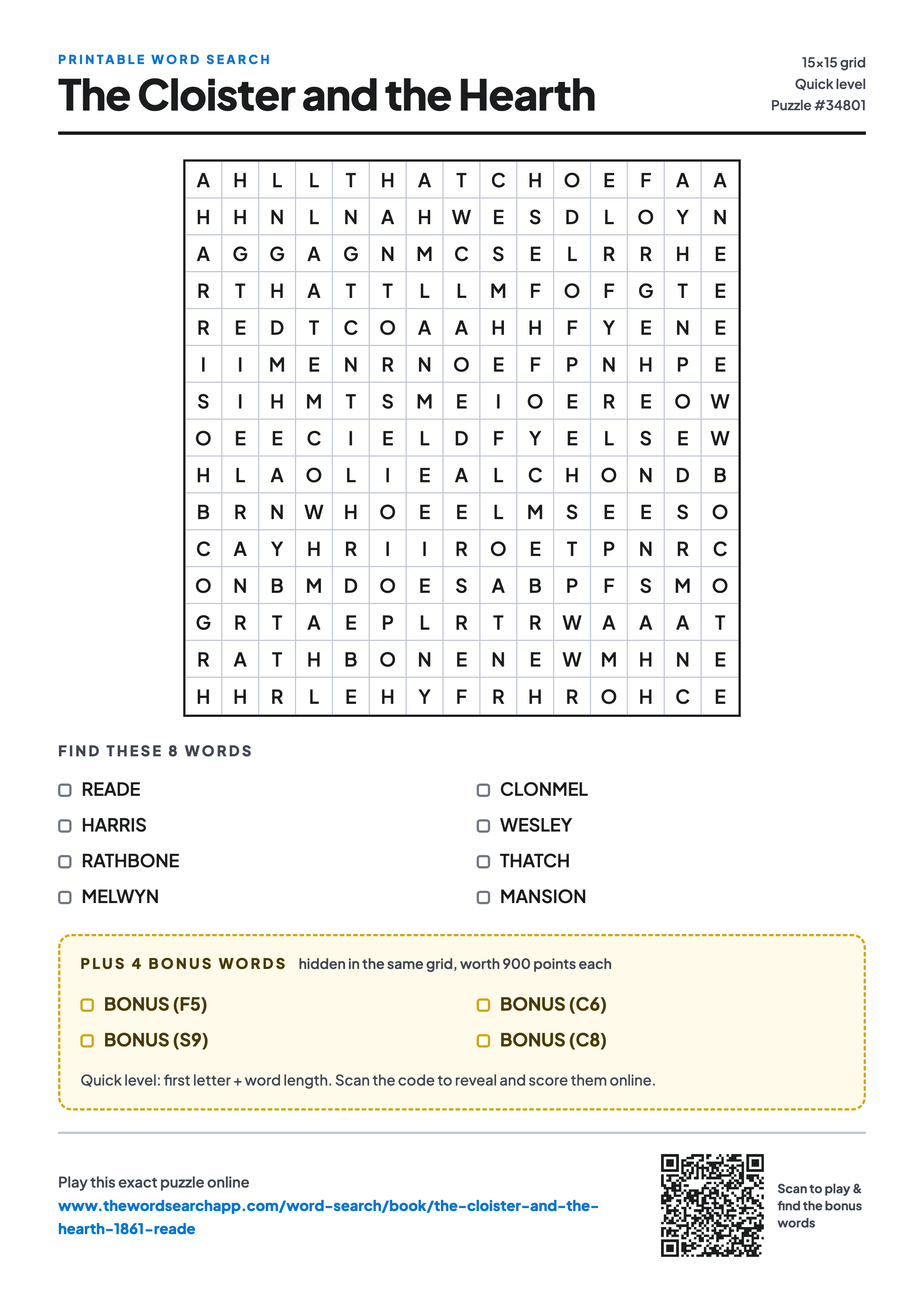 Printable The Cloister and the Hearth word search — 15×15 letter grid with 8 words to find including READE, HARRIS, RATHBONE, plus 4 hidden bonus words