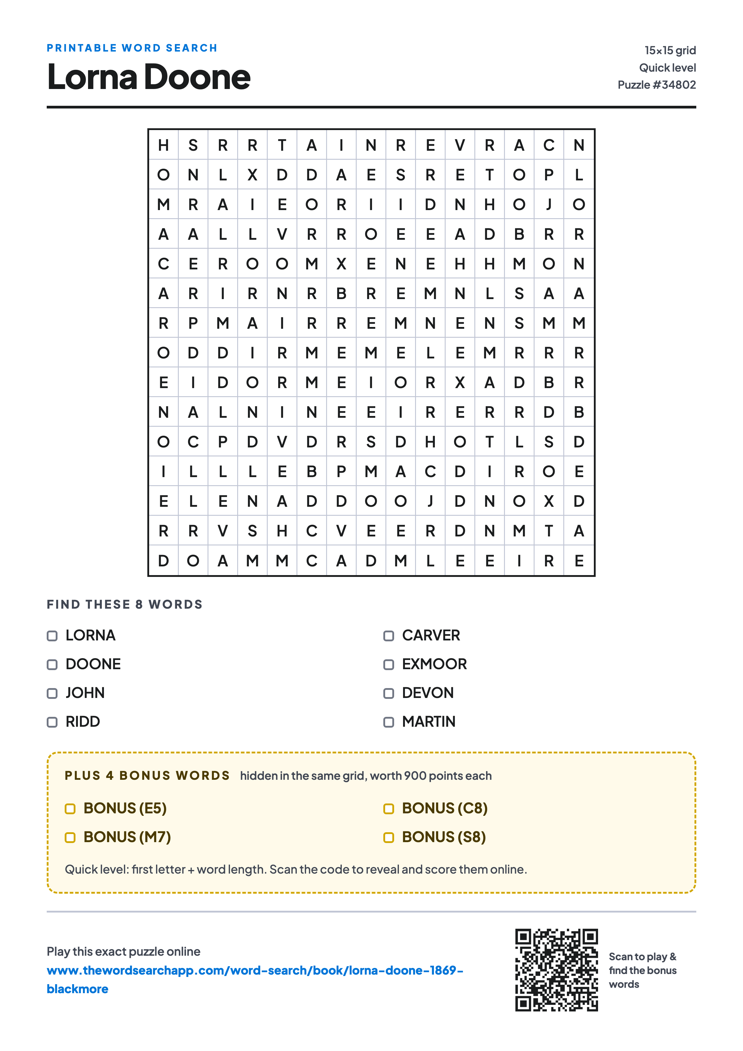 Printable Lorna Doone word search — 15×15 letter grid with 8 words to find including LORNA, DOONE, JOHN, plus 4 hidden bonus words