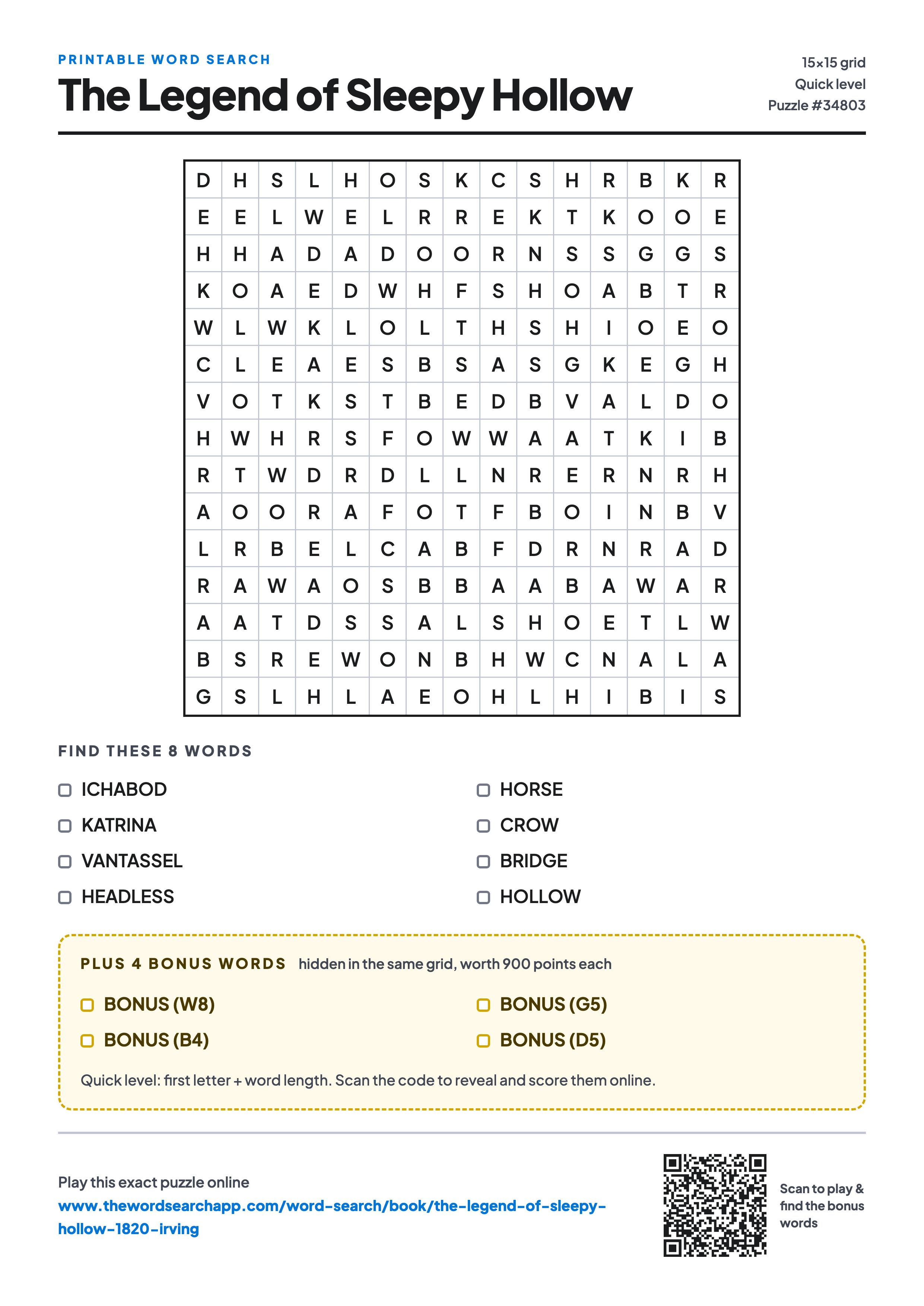 Printable The Legend of Sleepy Hollow word search — 15×15 letter grid with 8 words to find including ICHABOD, KATRINA, VANTASSEL, plus 4 hidden bonus words