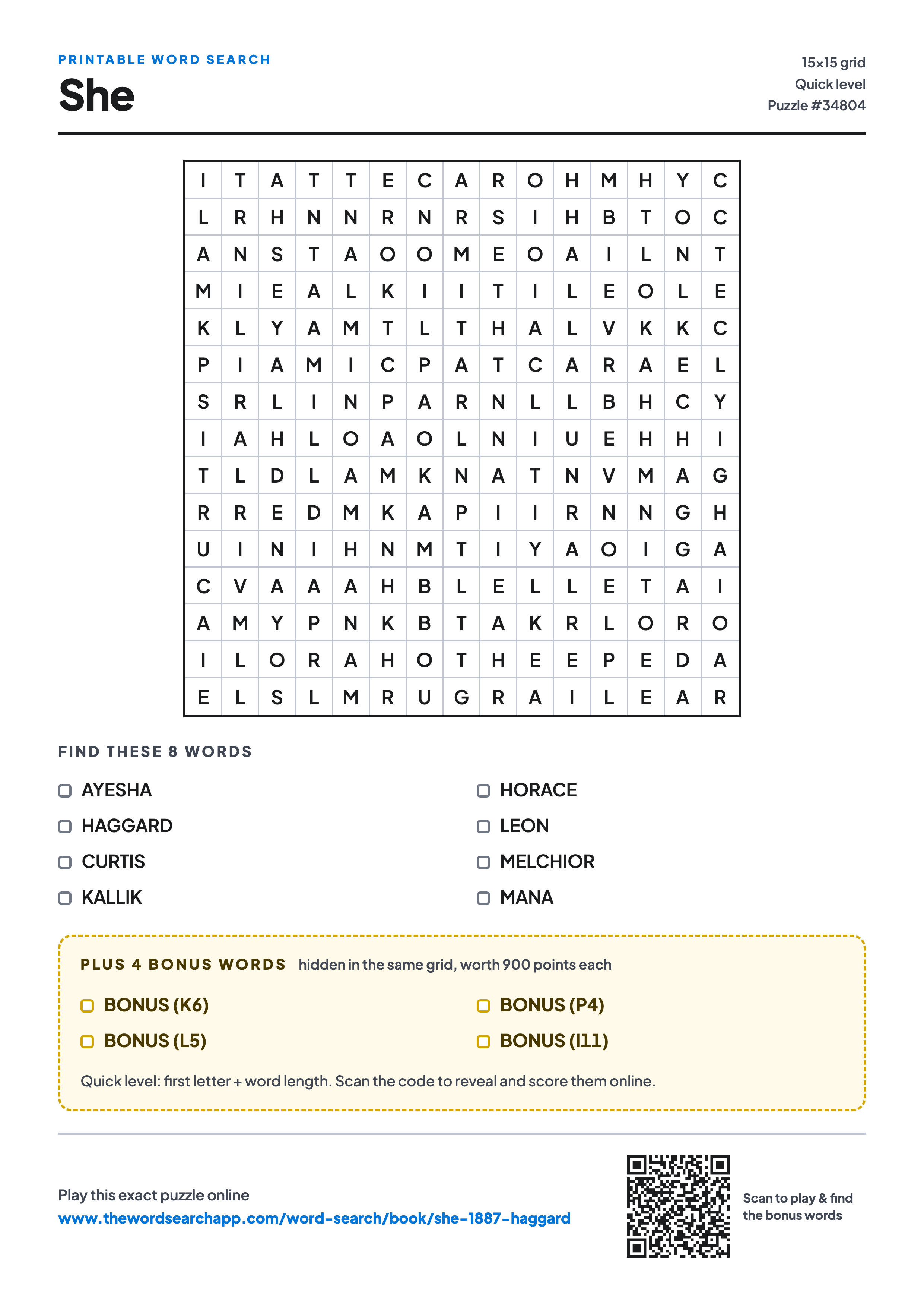 Printable She word search — 15×15 letter grid with 8 words to find including AYESHA, HAGGARD, CURTIS, plus 4 hidden bonus words