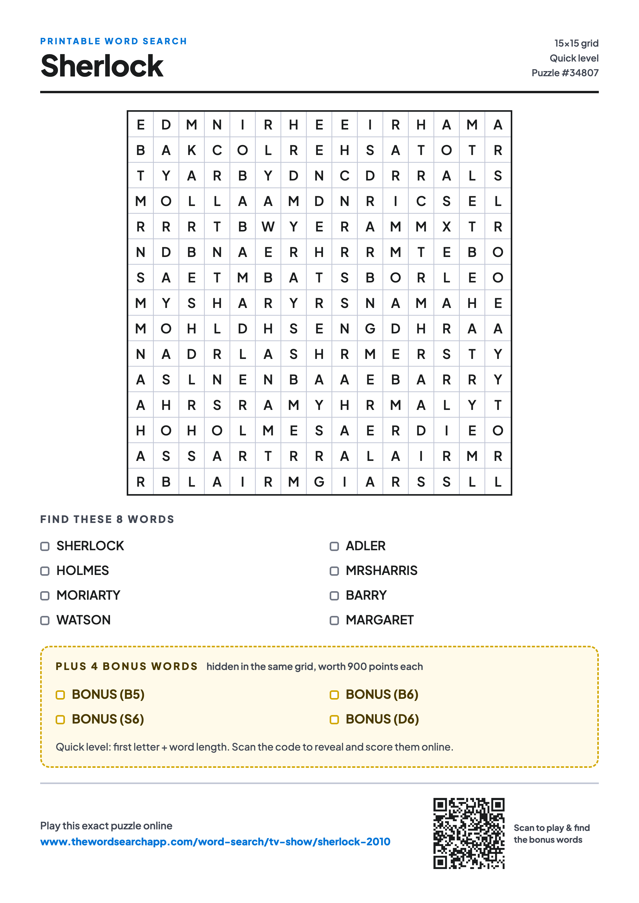 Printable Sherlock word search — 15×15 letter grid with 8 words to find including SHERLOCK, HOLMES, MORIARTY, plus 4 hidden bonus words