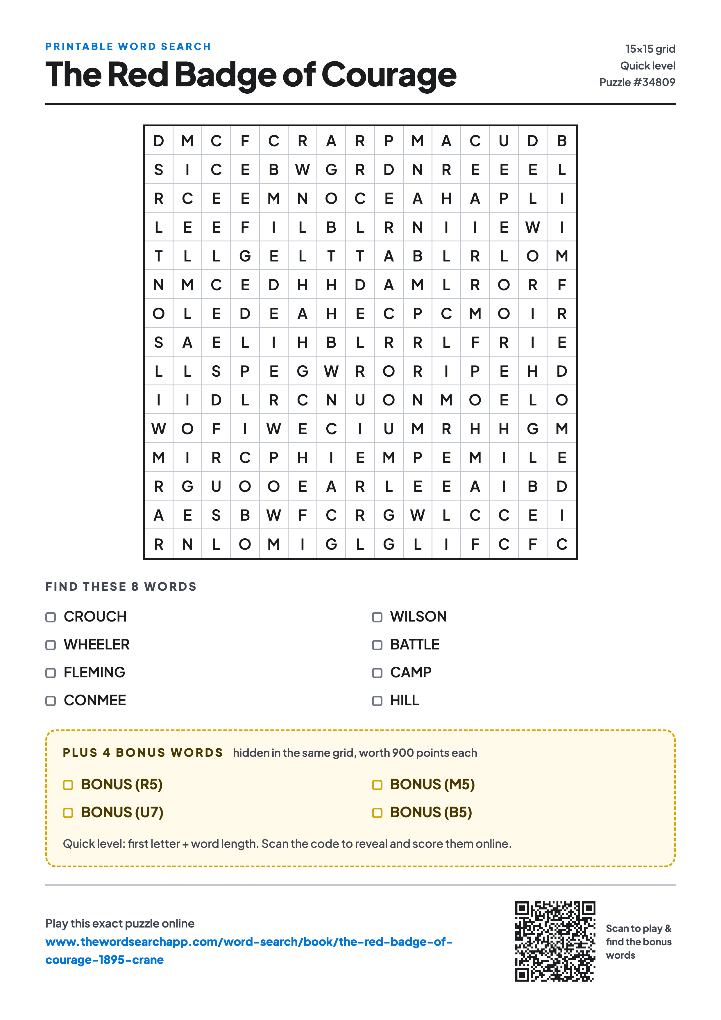 Printable The Red Badge of Courage word search — 15×15 letter grid with 8 words to find including CROUCH, WHEELER, FLEMING, plus 4 hidden bonus words