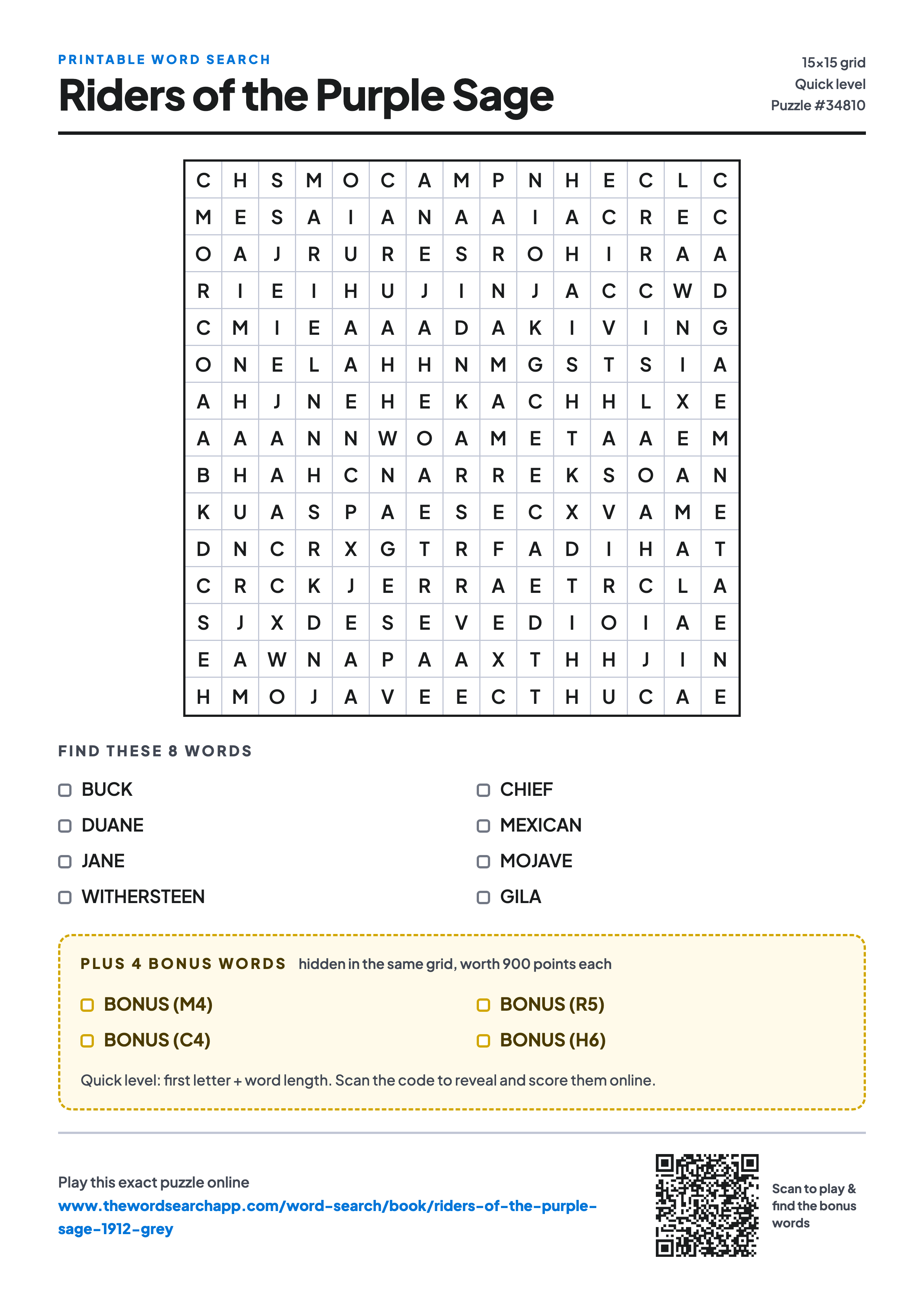 Printable Riders of the Purple Sage word search — 15×15 letter grid with 8 words to find including BUCK, DUANE, JANE, plus 4 hidden bonus words