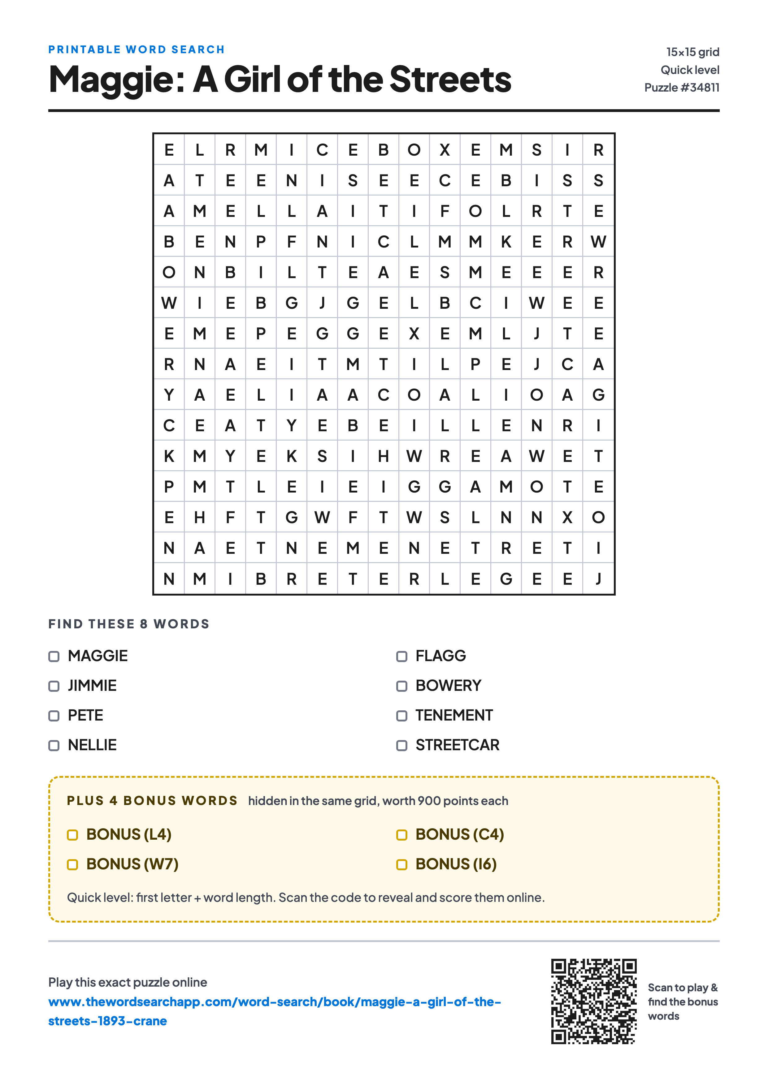 Printable Maggie: A Girl of the Streets word search — 15×15 letter grid with 8 words to find including MAGGIE, JIMMIE, PETE, plus 4 hidden bonus words