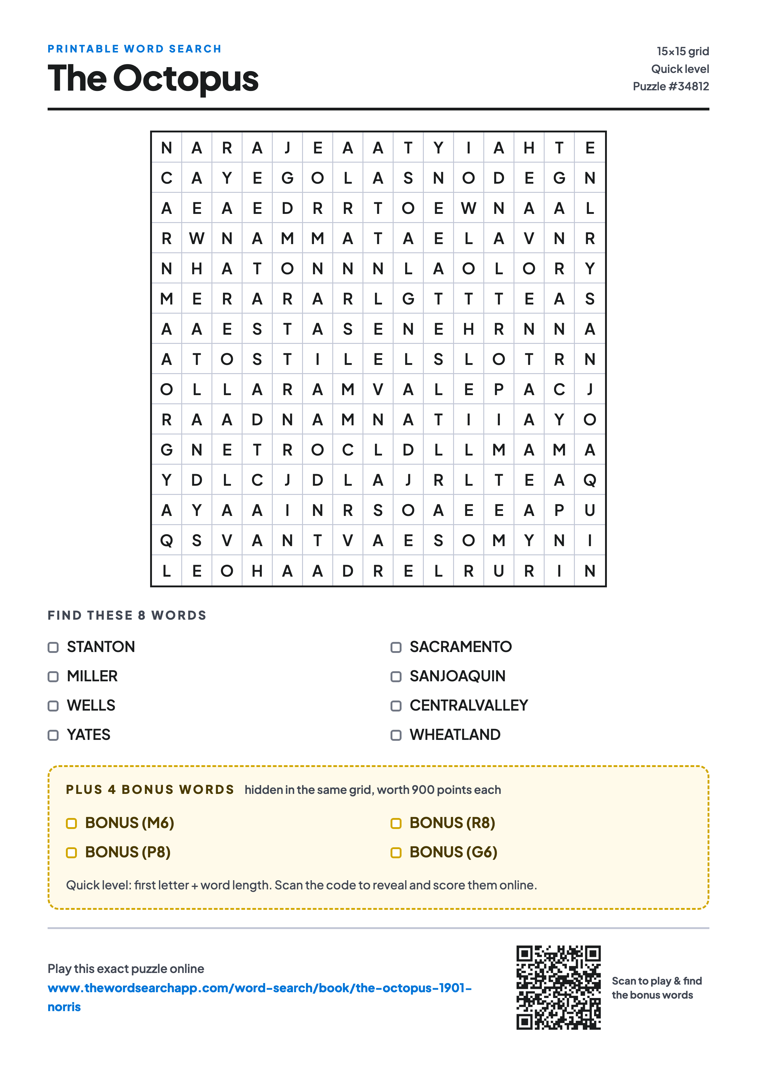 Printable The Octopus word search — 15×15 letter grid with 8 words to find including STANTON, MILLER, WELLS, plus 4 hidden bonus words