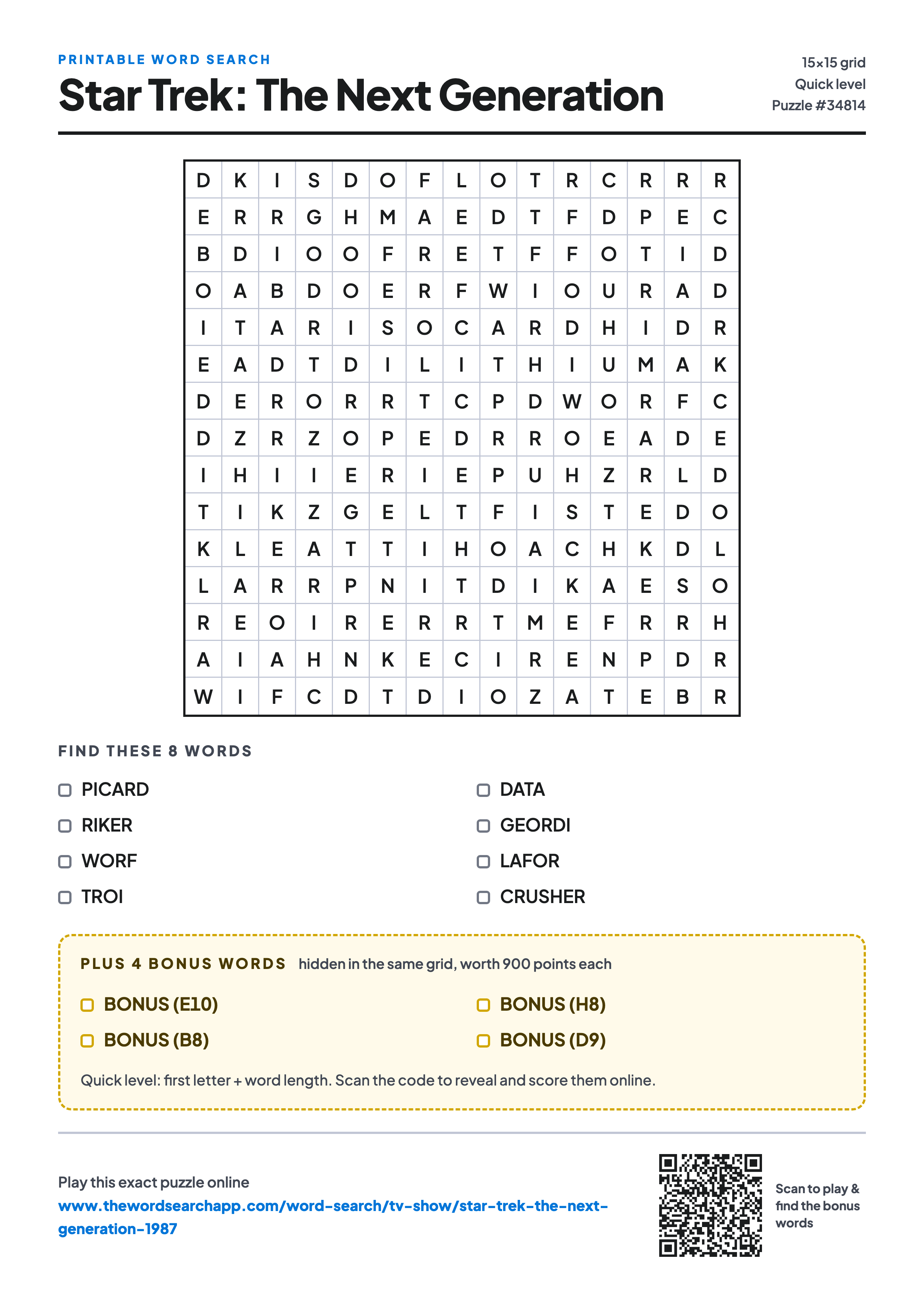 Printable Star Trek: The Next Generation word search — 15×15 letter grid with 8 words to find including PICARD, RIKER, WORF, plus 4 hidden bonus words