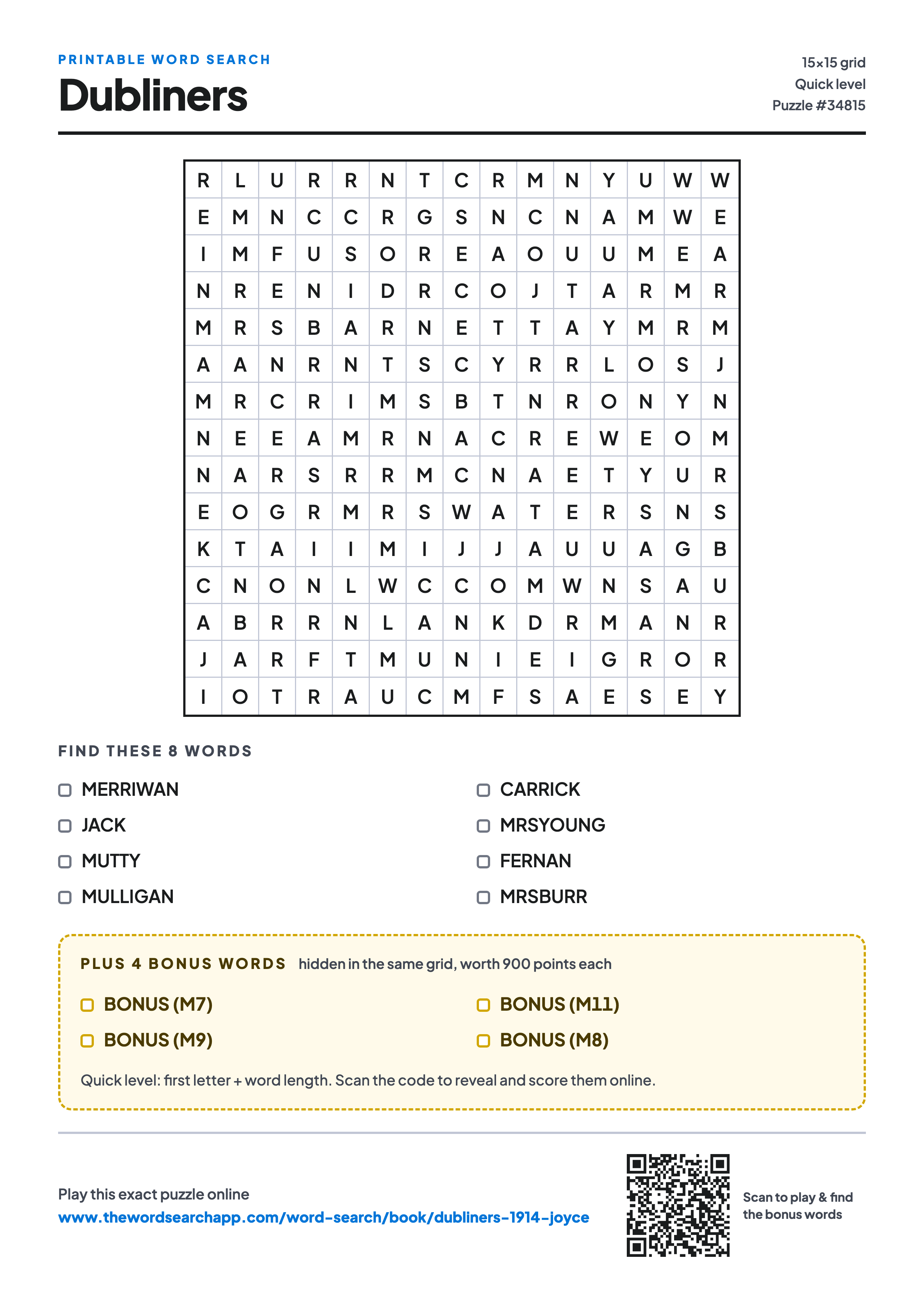 Printable Dubliners word search — 15×15 letter grid with 8 words to find including MERRIWAN, JACK, MUTTY, plus 4 hidden bonus words