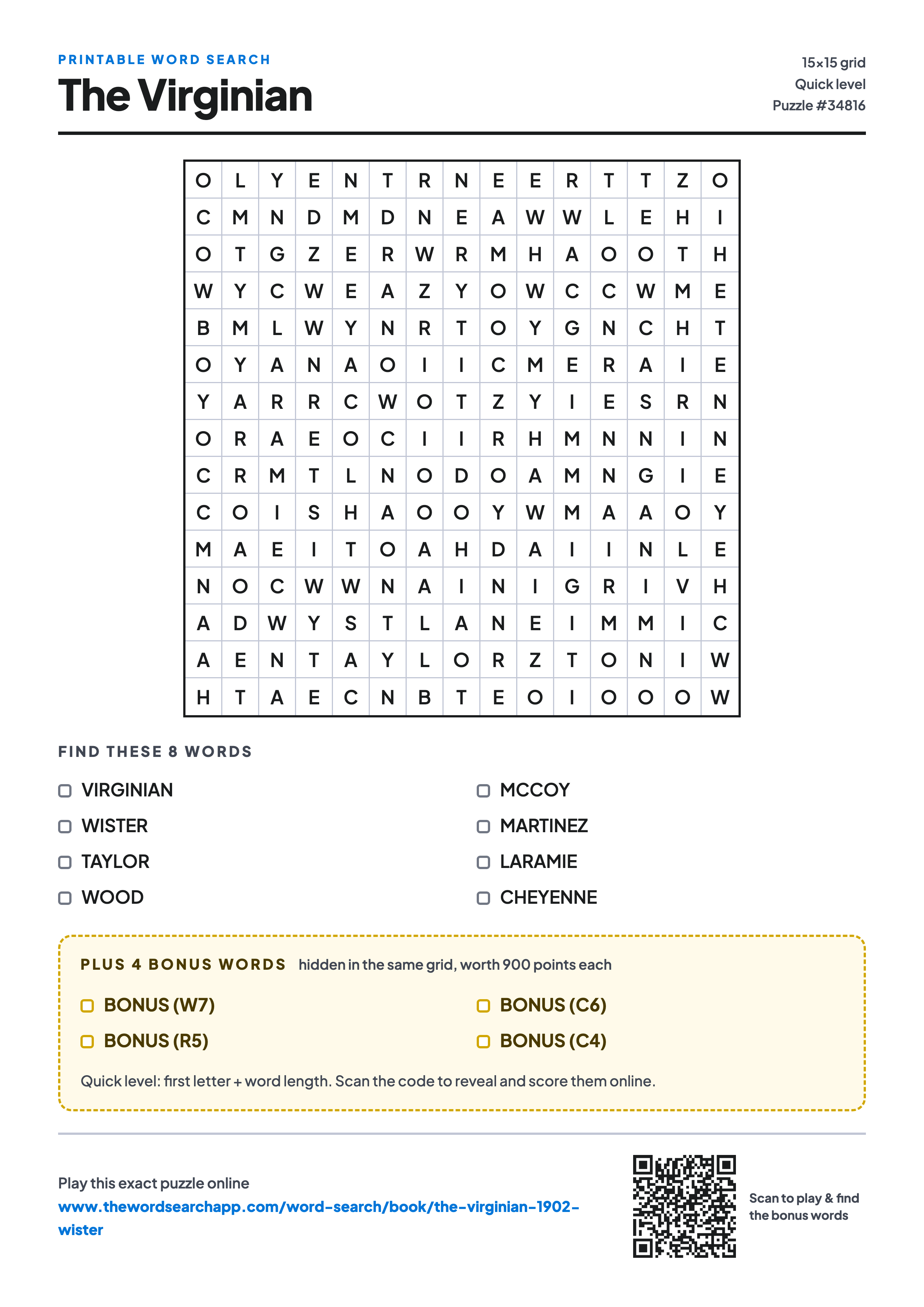 Printable The Virginian word search — 15×15 letter grid with 8 words to find including VIRGINIAN, WISTER, TAYLOR, plus 4 hidden bonus words