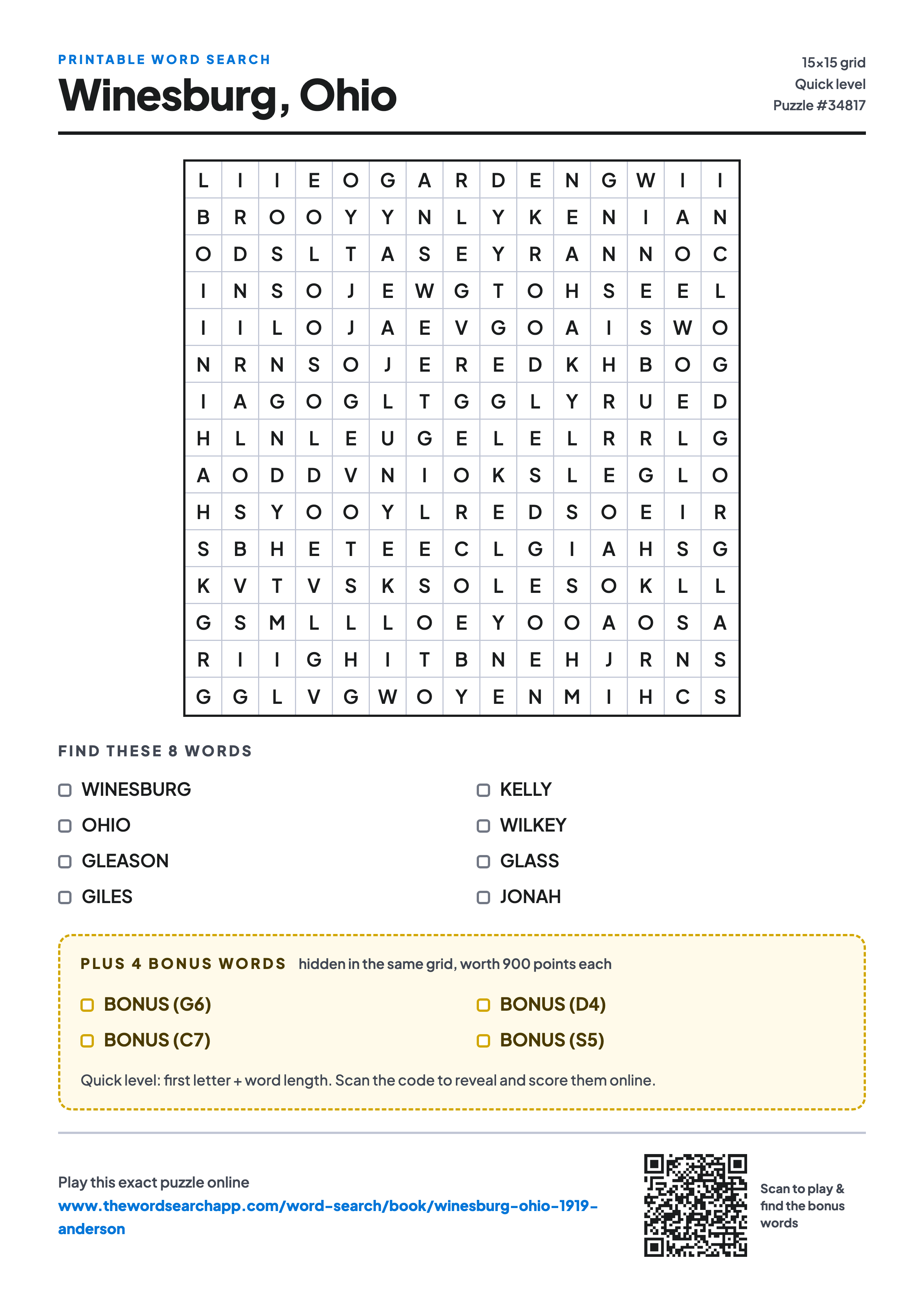 Printable Winesburg, Ohio word search — 15×15 letter grid with 8 words to find including WINESBURG, OHIO, GLEASON, plus 4 hidden bonus words