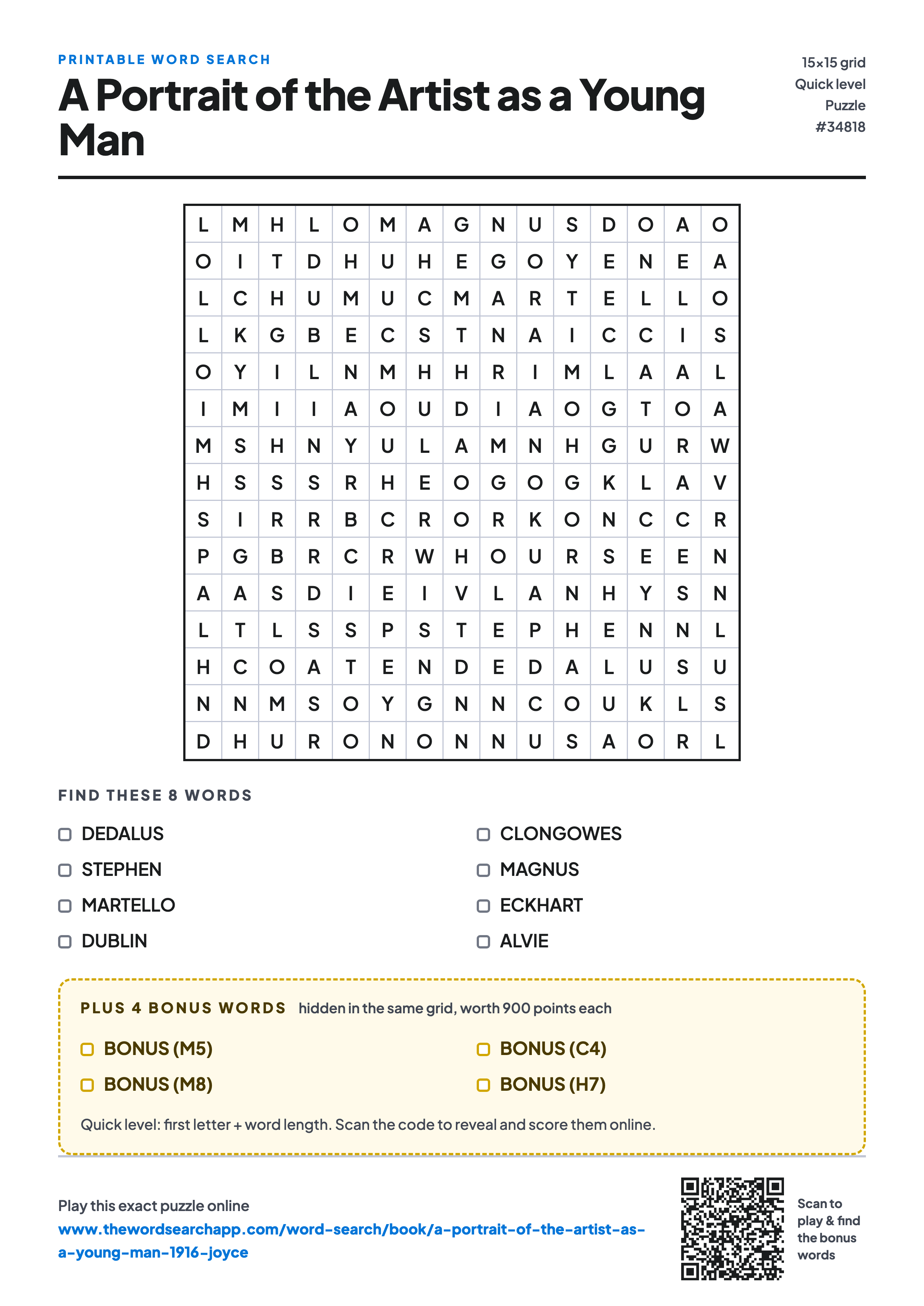 Printable A Portrait of the Artist as a Young Man word search — 15×15 letter grid with 8 words to find including DEDALUS, STEPHEN, MARTELLO, plus 4 hidden bonus words