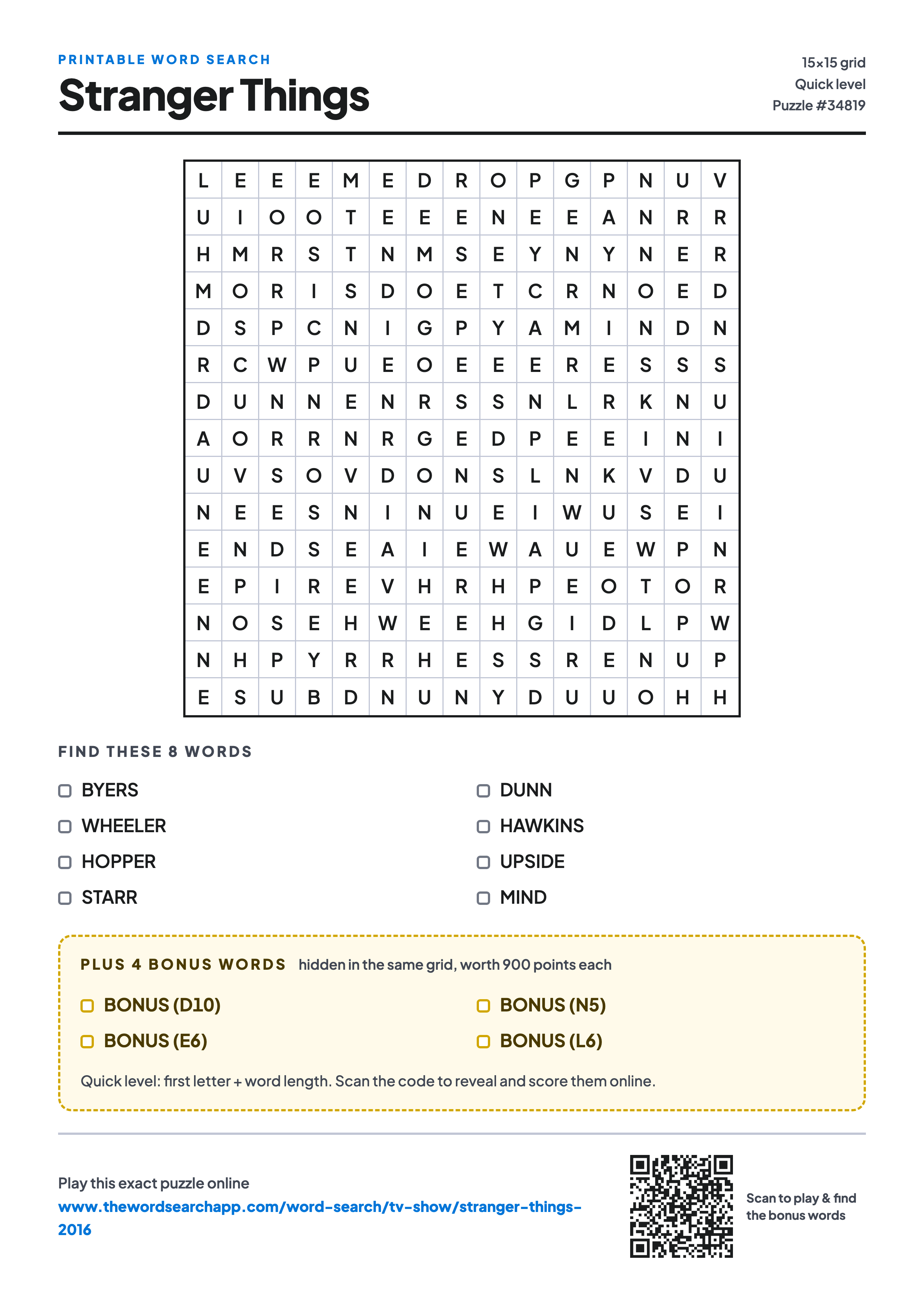Printable Stranger Things word search — 15×15 letter grid with 8 words to find including BYERS, WHEELER, HOPPER, plus 4 hidden bonus words