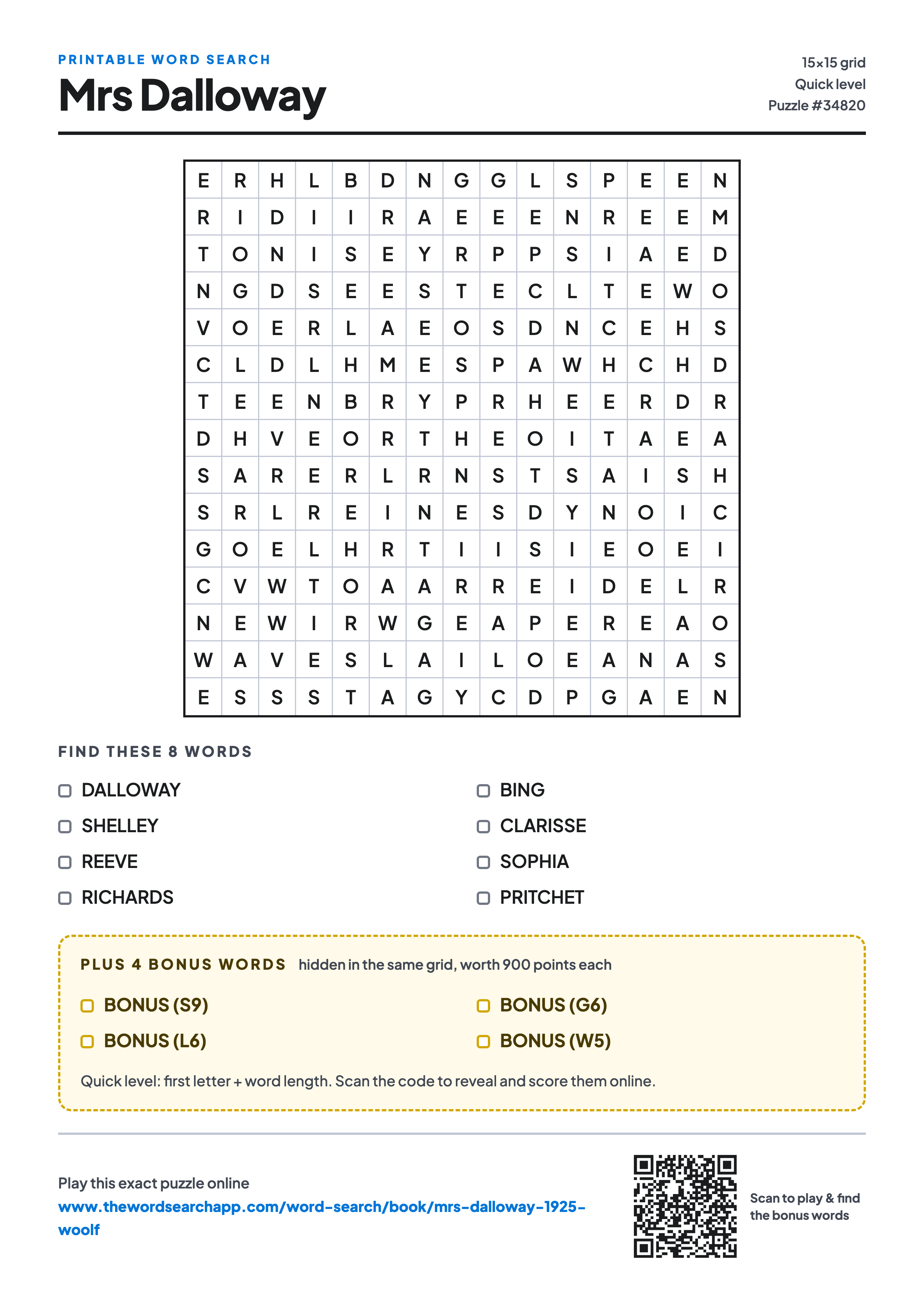 Printable Mrs Dalloway word search — 15×15 letter grid with 8 words to find including DALLOWAY, SHELLEY, REEVE, plus 4 hidden bonus words