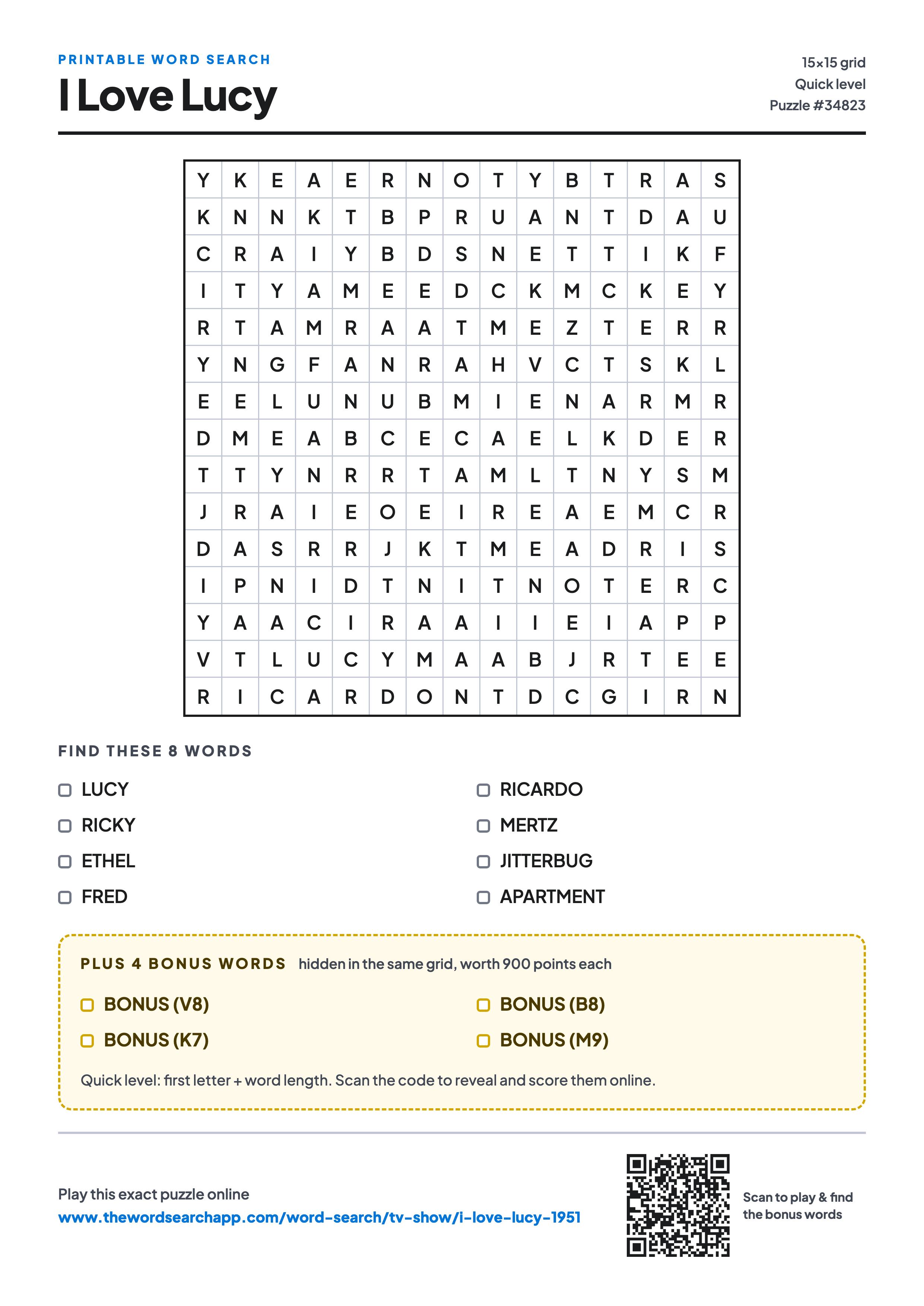 Printable I Love Lucy word search — 15×15 letter grid with 8 words to find including LUCY, RICKY, ETHEL, plus 4 hidden bonus words