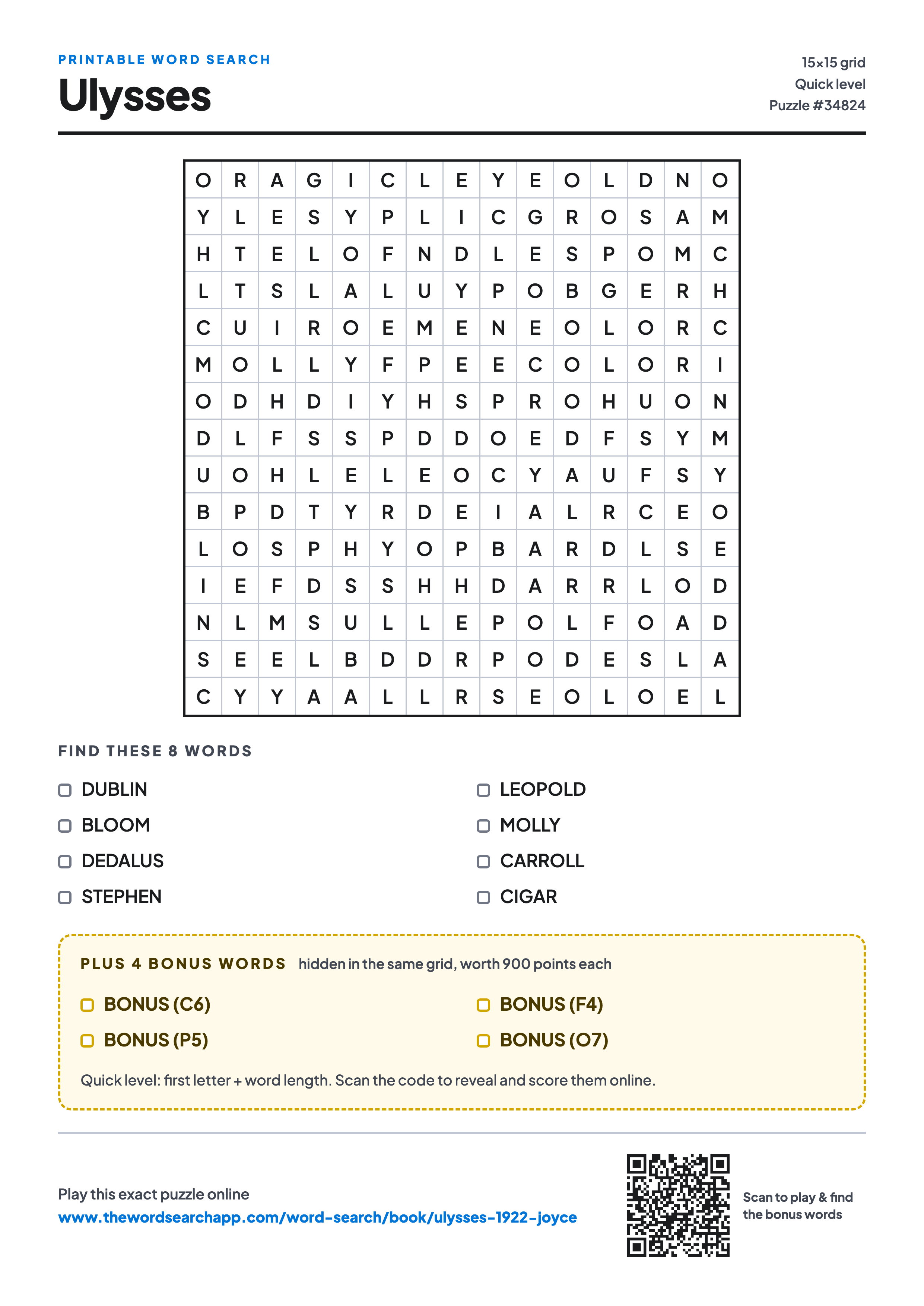 Printable Ulysses word search — 15×15 letter grid with 8 words to find including DUBLIN, BLOOM, DEDALUS, plus 4 hidden bonus words
