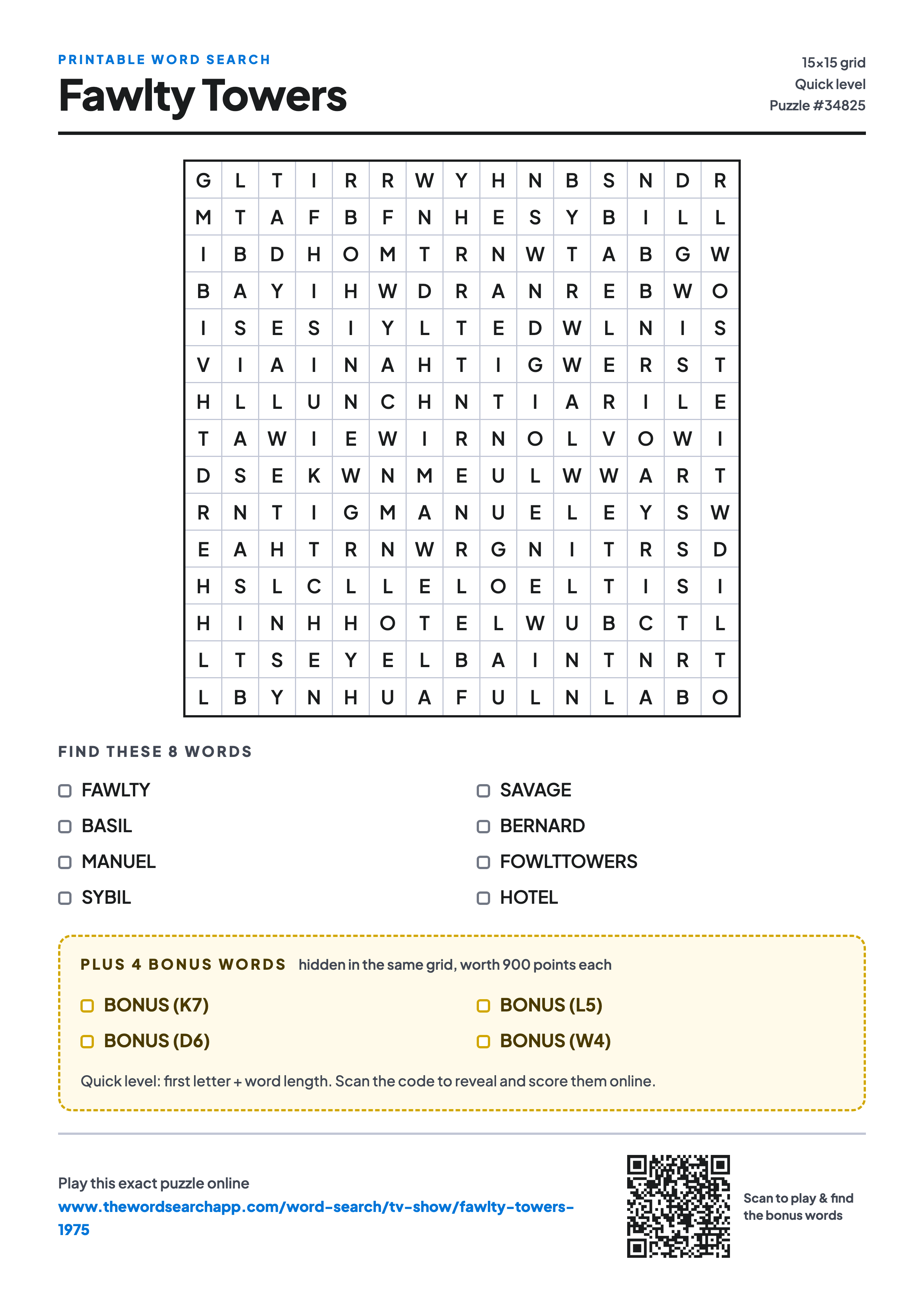 Printable Fawlty Towers word search — 15×15 letter grid with 8 words to find including FAWLTY, BASIL, MANUEL, plus 4 hidden bonus words