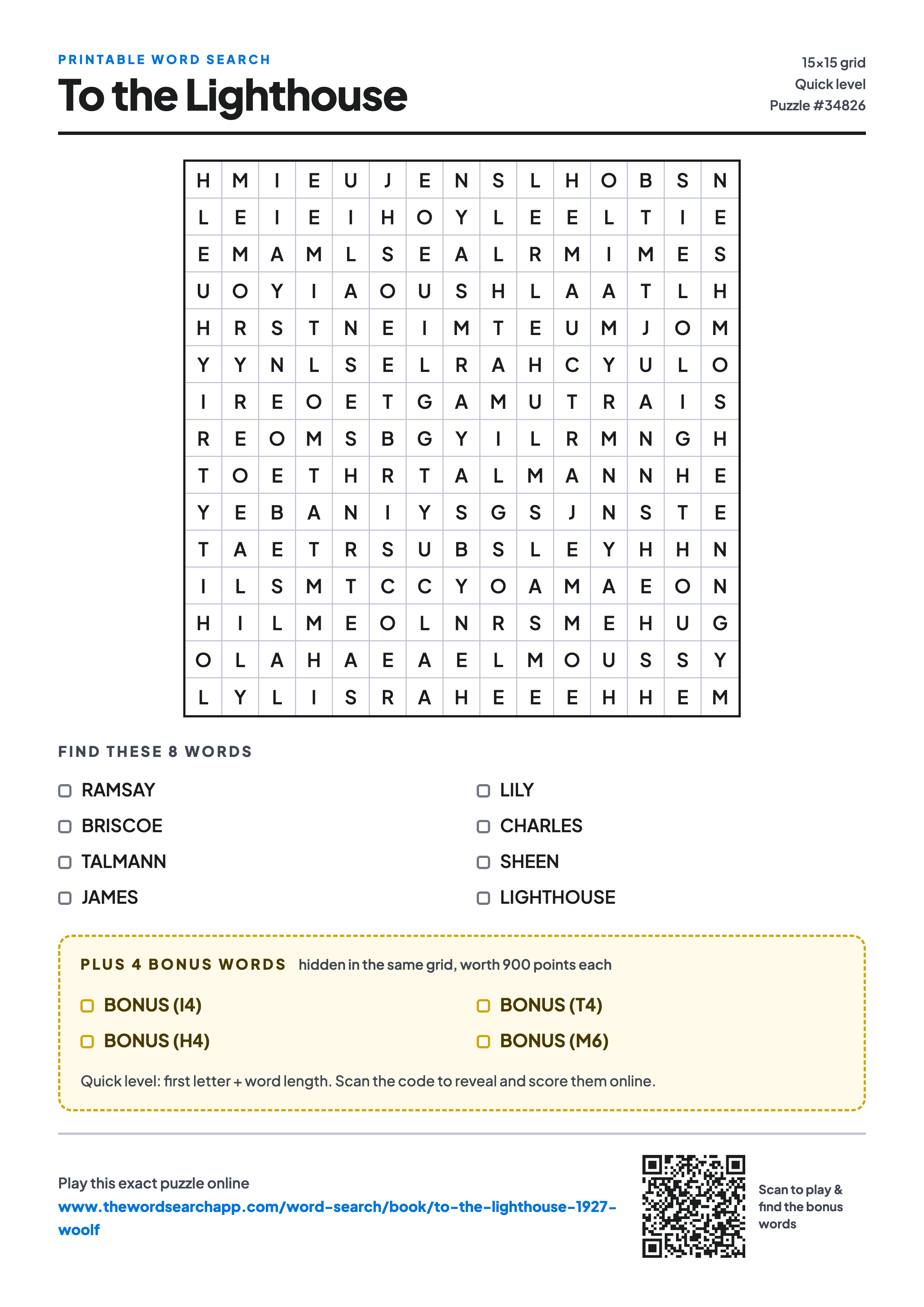 Printable To the Lighthouse word search — 15×15 letter grid with 8 words to find including RAMSAY, BRISCOE, TALMANN, plus 4 hidden bonus words