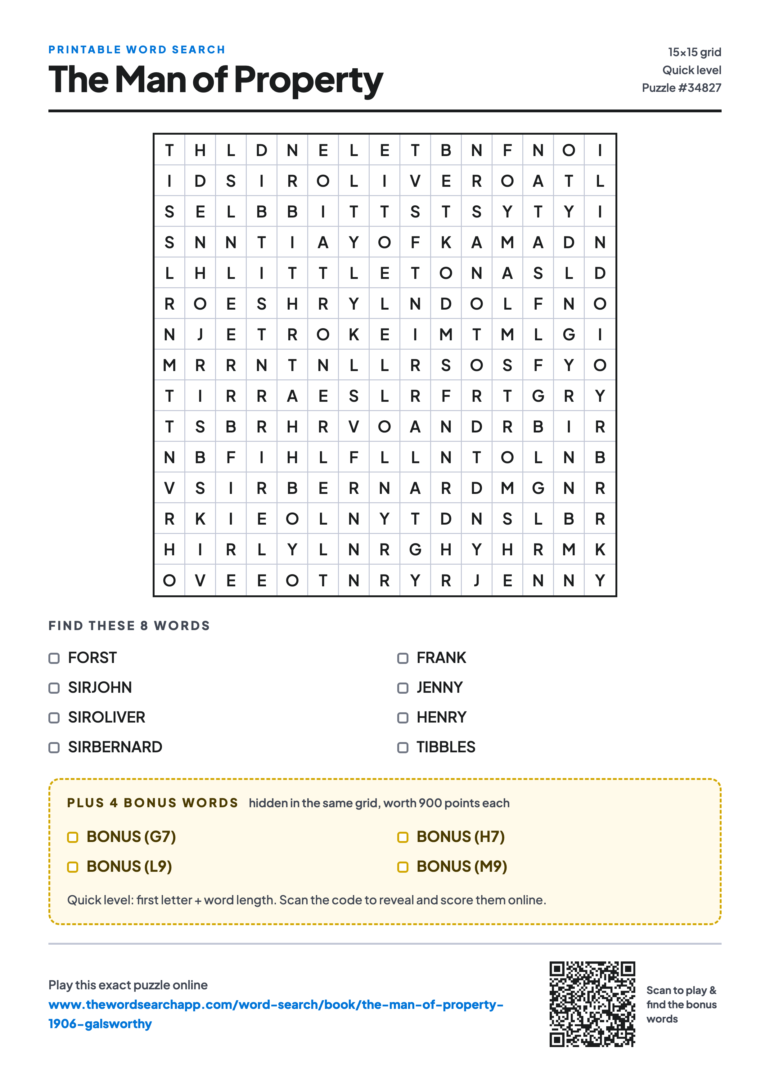 Printable The Man of Property word search — 15×15 letter grid with 8 words to find including FORST, SIRJOHN, SIROLIVER, plus 4 hidden bonus words