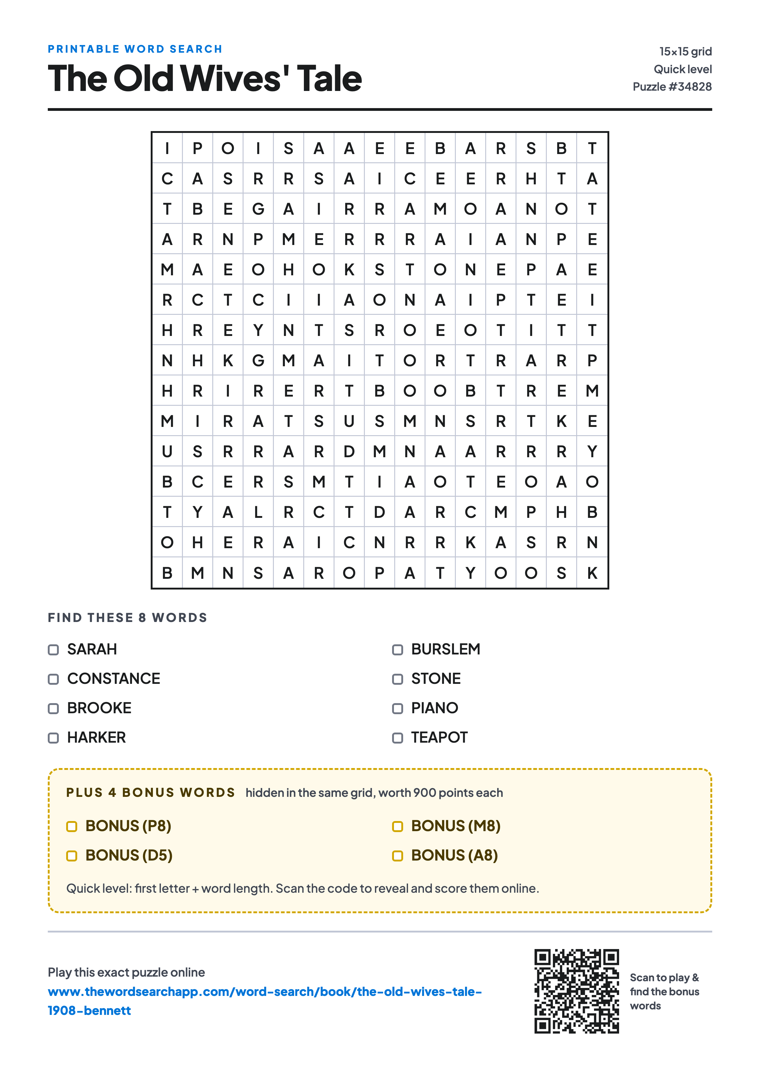Printable The Old Wives' Tale word search — 15×15 letter grid with 8 words to find including SARAH, CONSTANCE, BROOKE, plus 4 hidden bonus words