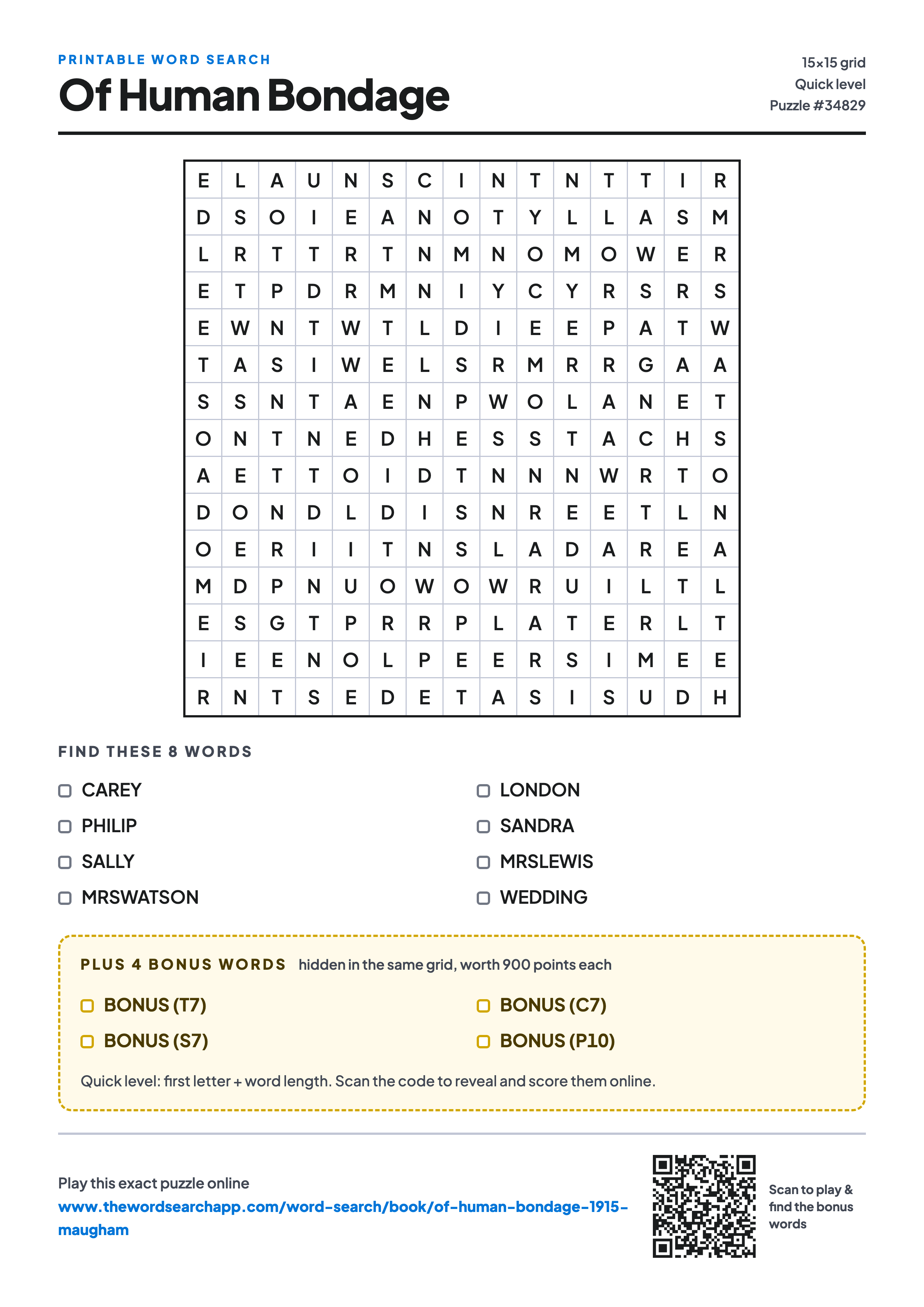 Printable Of Human Bondage word search — 15×15 letter grid with 8 words to find including CAREY, PHILIP, SALLY, plus 4 hidden bonus words