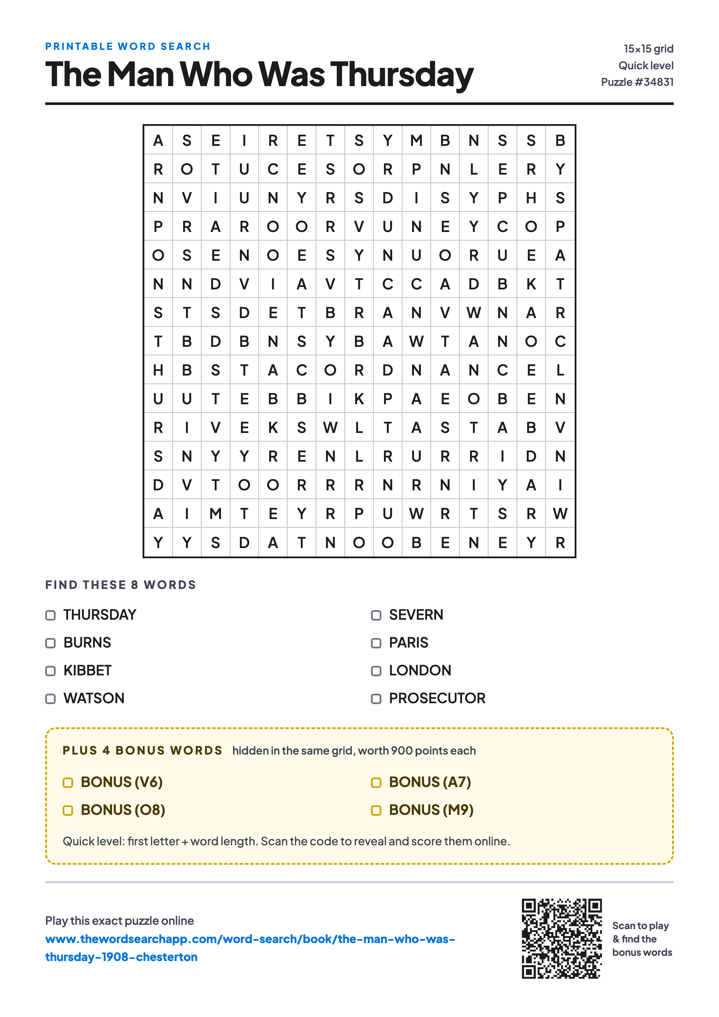 Printable The Man Who Was Thursday word search — 15×15 letter grid with 8 words to find including THURSDAY, BURNS, KIBBET, plus 4 hidden bonus words