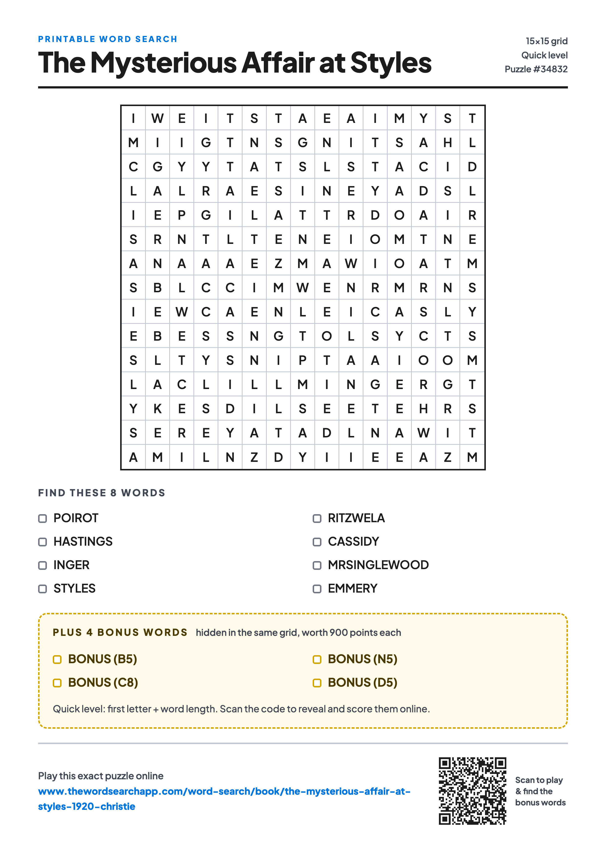 Printable The Mysterious Affair at Styles word search — 15×15 letter grid with 8 words to find including POIROT, HASTINGS, INGER, plus 4 hidden bonus words