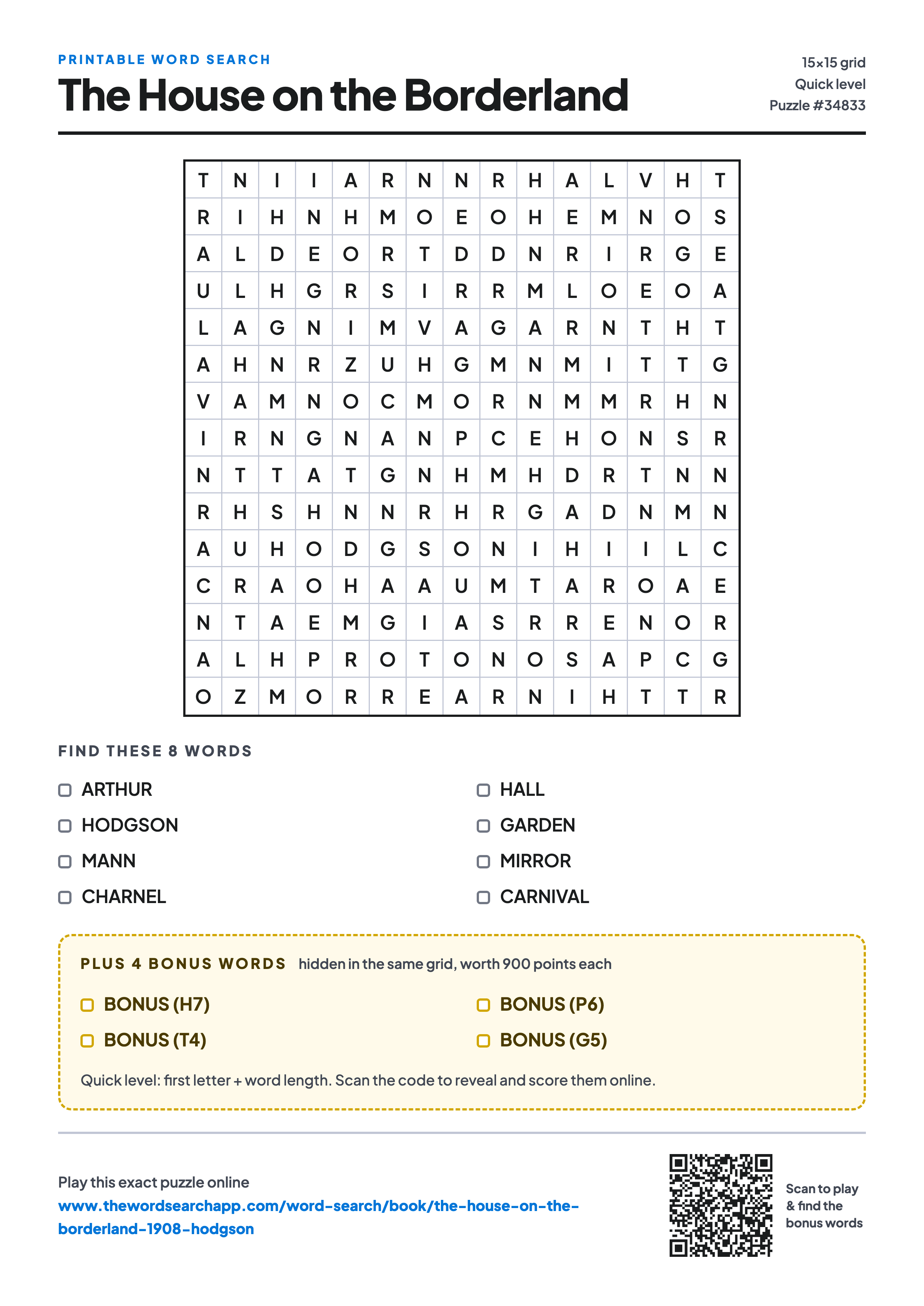 Printable The House on the Borderland word search — 15×15 letter grid with 8 words to find including ARTHUR, HODGSON, MANN, plus 4 hidden bonus words