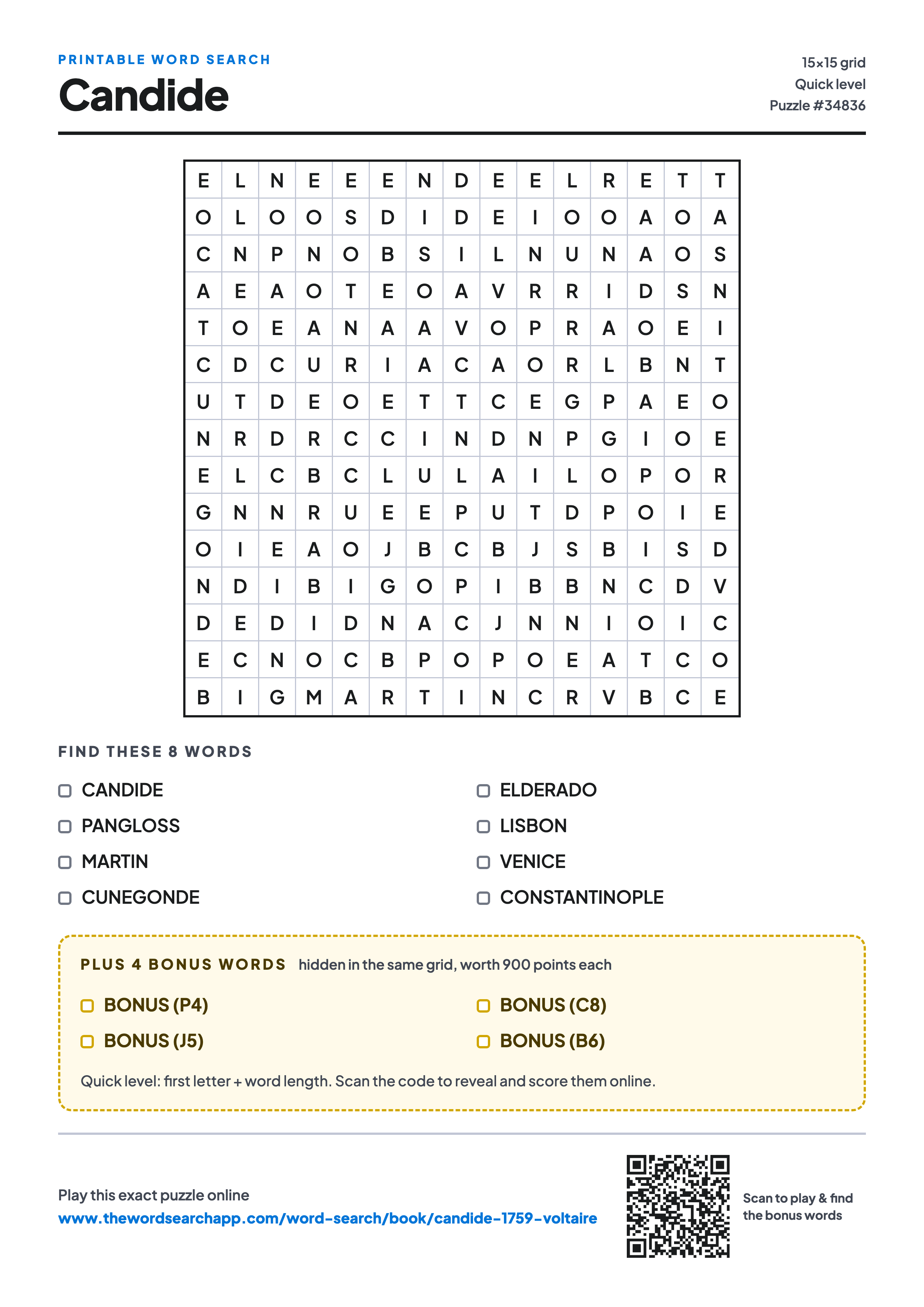 Printable Candide word search — 15×15 letter grid with 8 words to find including CANDIDE, PANGLOSS, MARTIN, plus 4 hidden bonus words