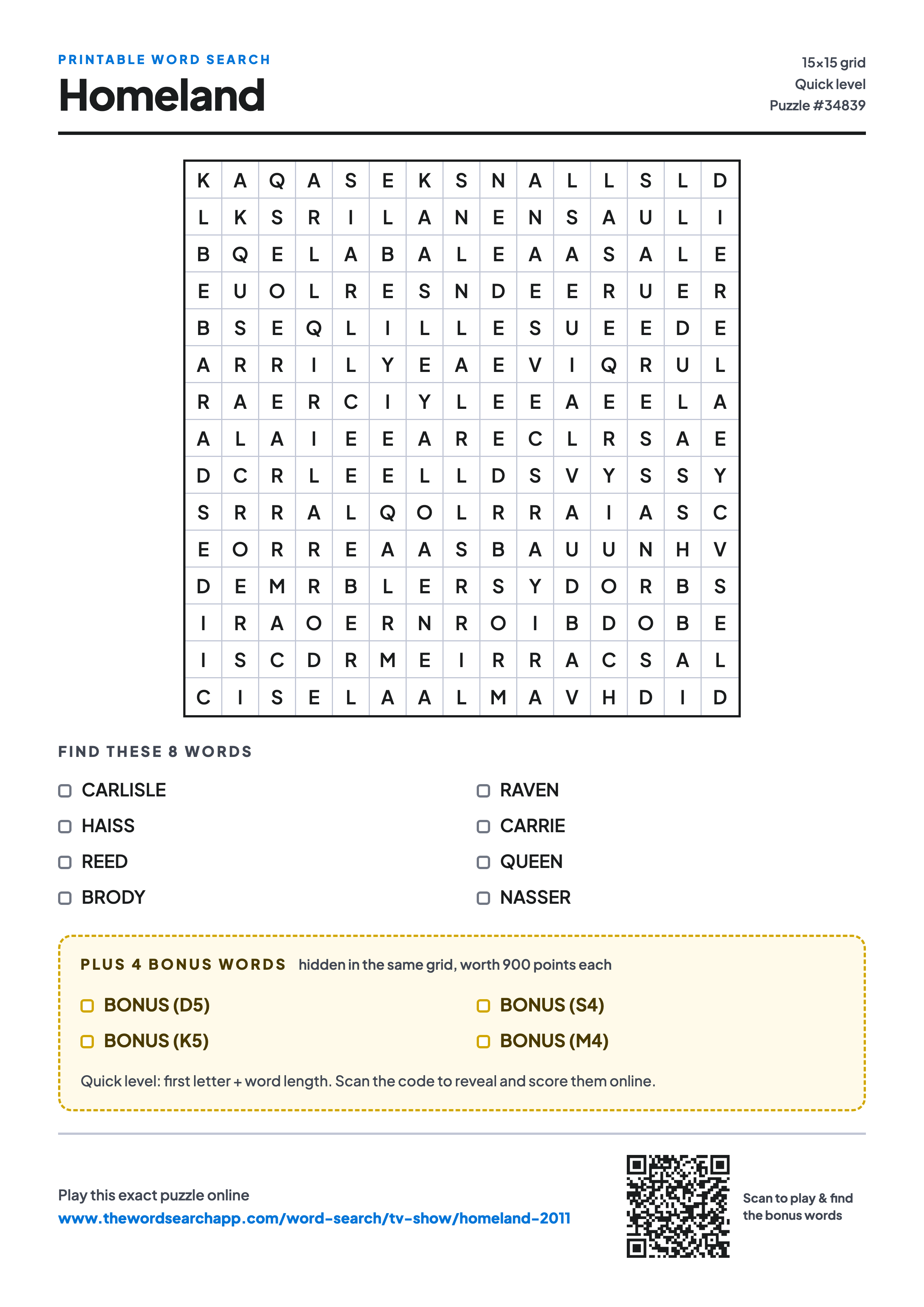 Printable Homeland word search — 15×15 letter grid with 8 words to find including CARLISLE, HAISS, REED, plus 4 hidden bonus words