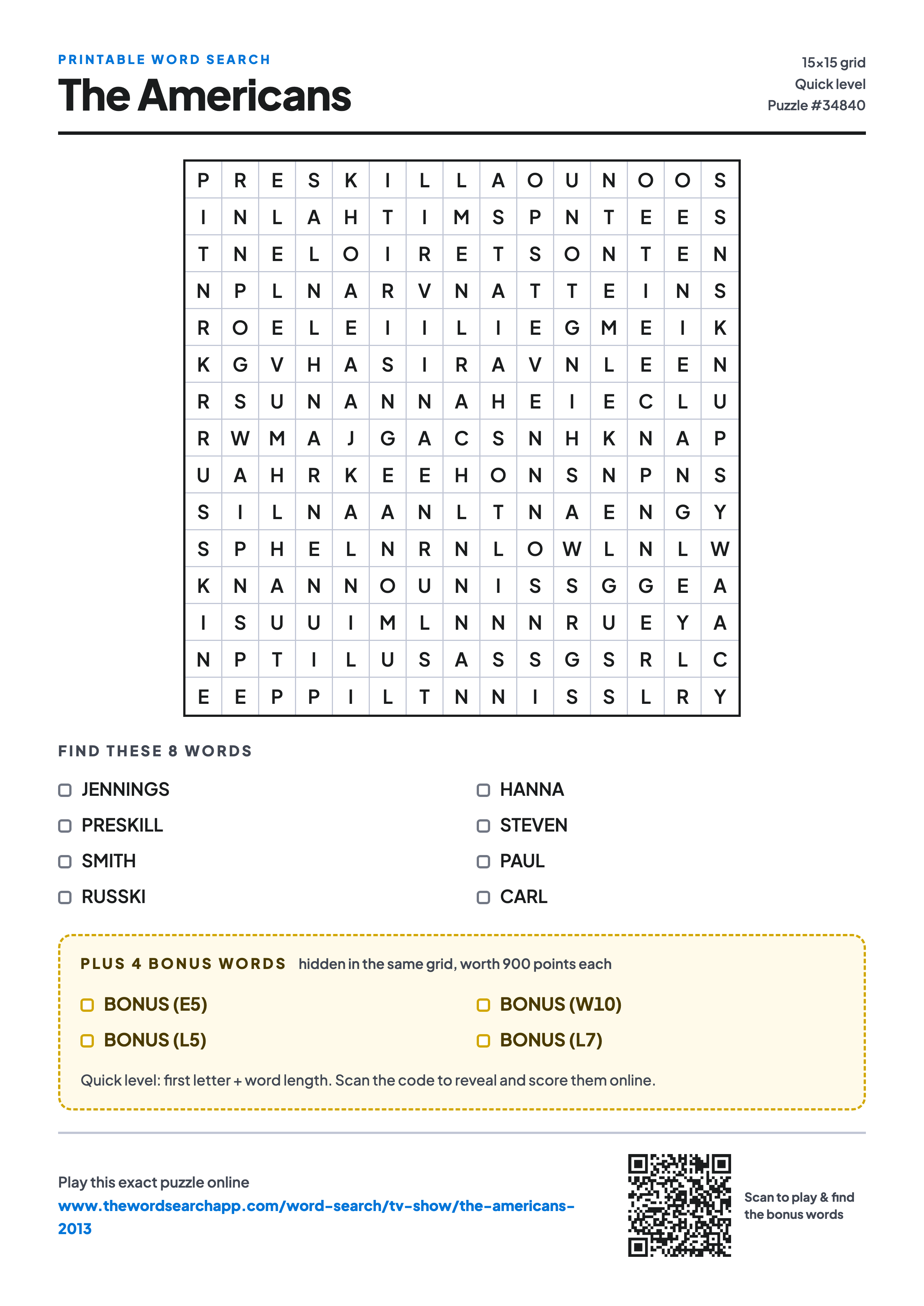 Printable The Americans word search — 15×15 letter grid with 8 words to find including JENNINGS, PRESKILL, SMITH, plus 4 hidden bonus words