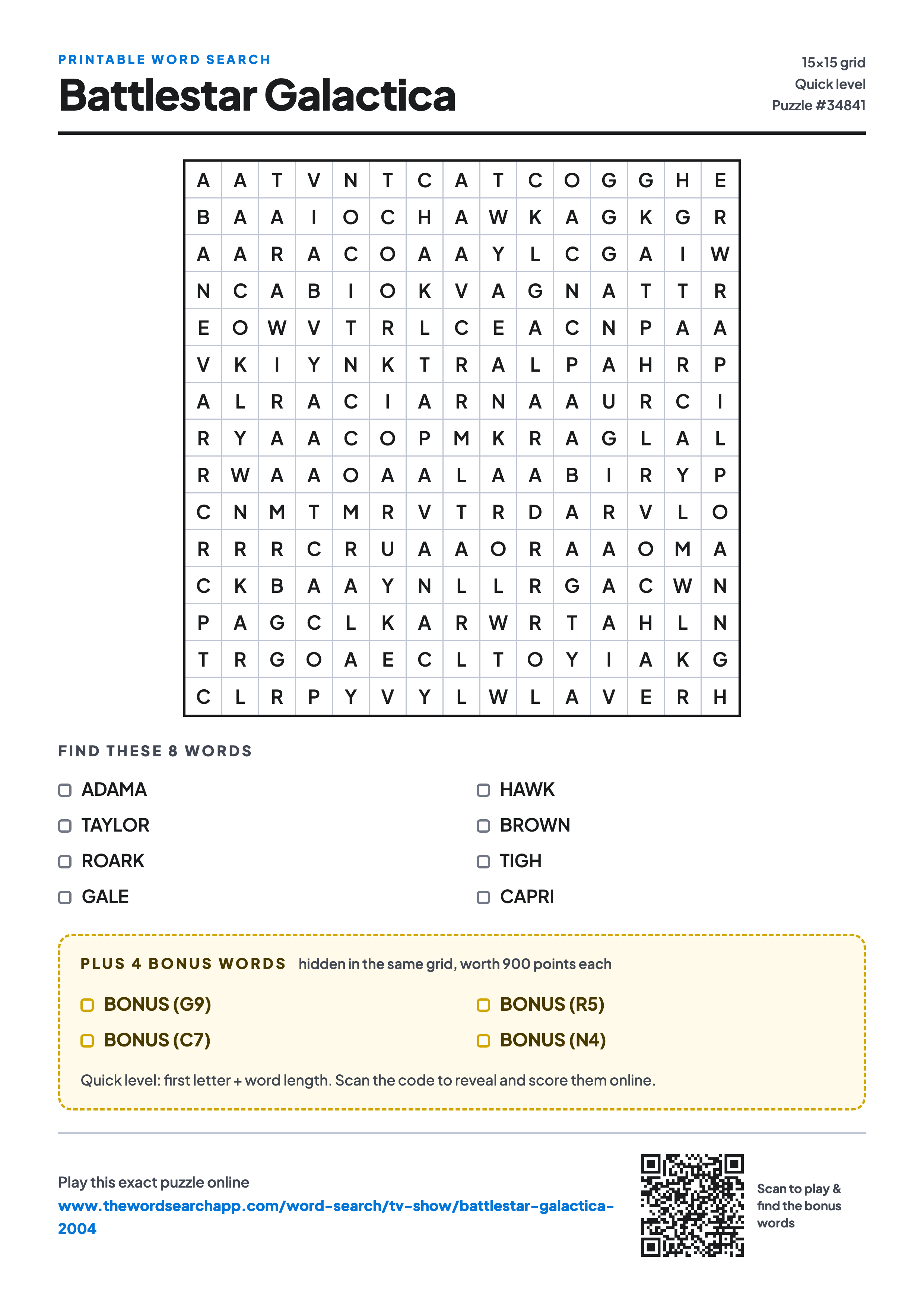 Printable Battlestar Galactica word search — 15×15 letter grid with 8 words to find including ADAMA, TAYLOR, ROARK, plus 4 hidden bonus words