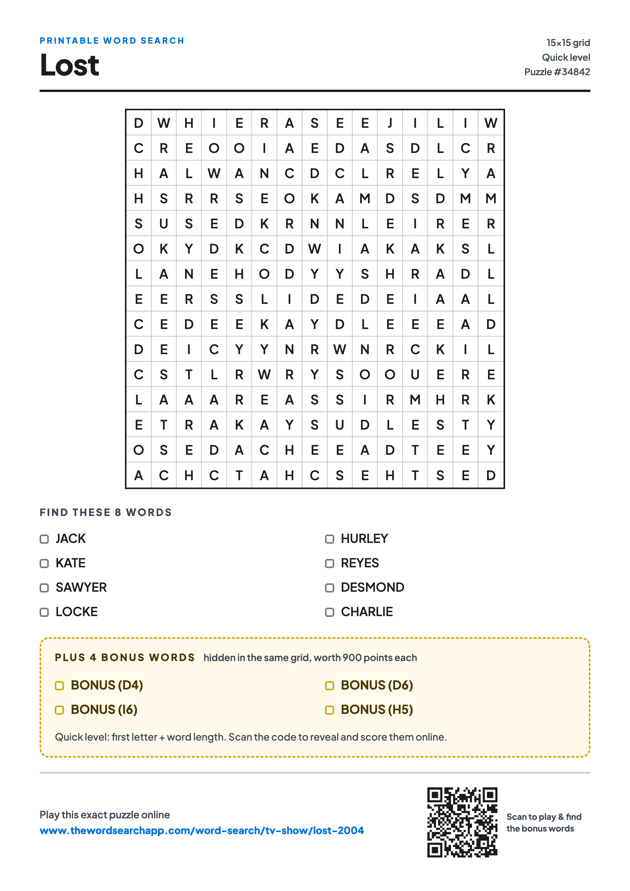 Printable Lost word search — 15×15 letter grid with 8 words to find including JACK, KATE, SAWYER, plus 4 hidden bonus words