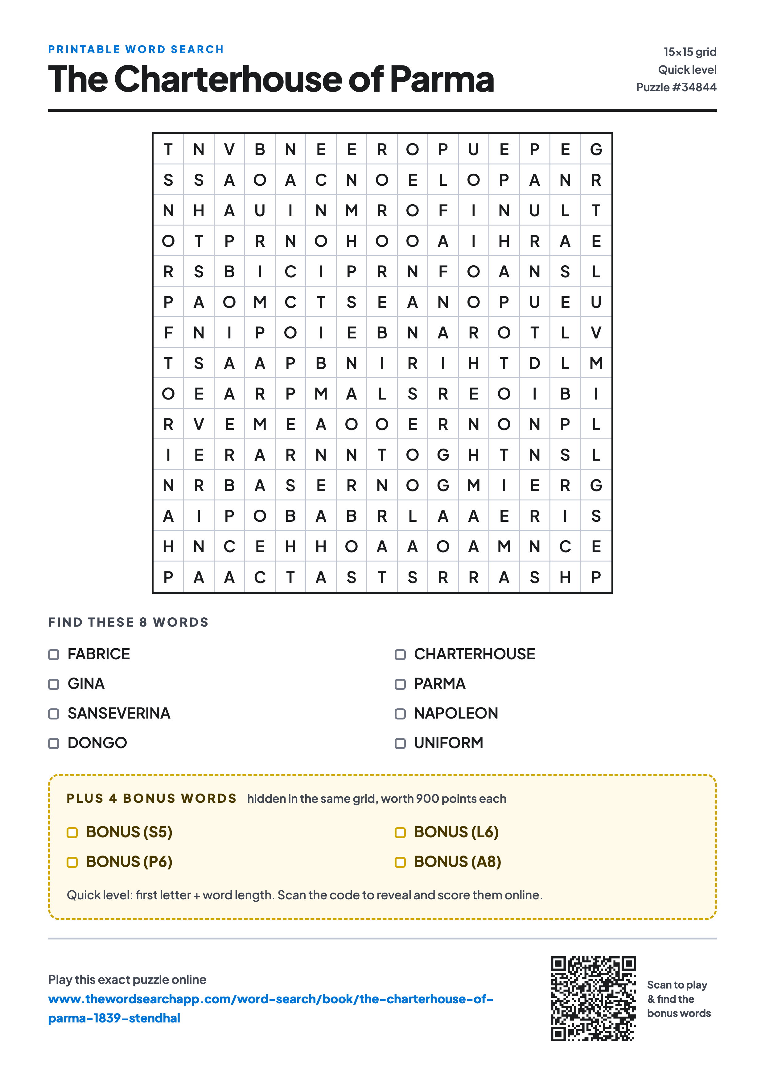 Printable The Charterhouse of Parma word search — 15×15 letter grid with 8 words to find including FABRICE, GINA, SANSEVERINA, plus 4 hidden bonus words