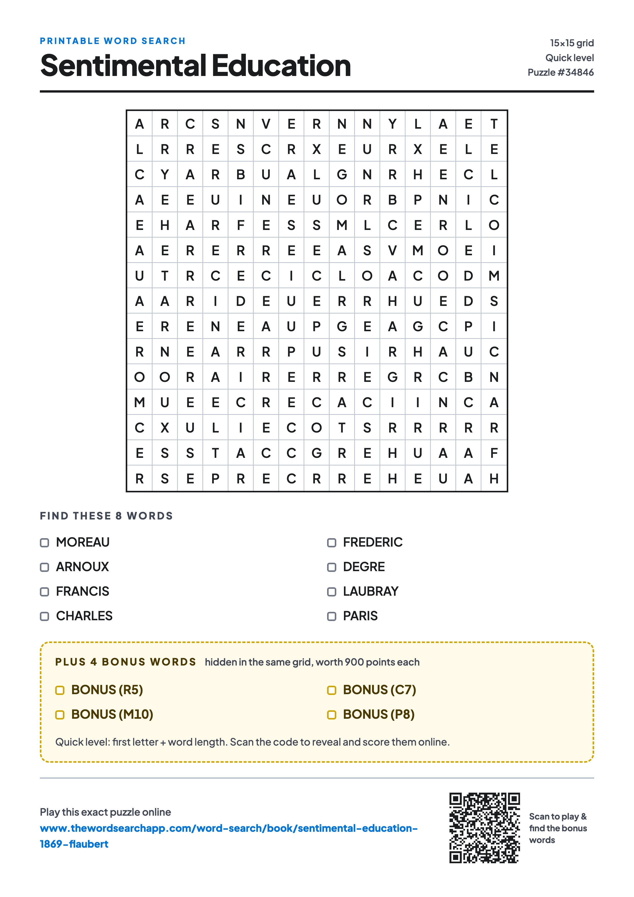 Printable Sentimental Education word search — 15×15 letter grid with 8 words to find including MOREAU, ARNOUX, FRANCIS, plus 4 hidden bonus words