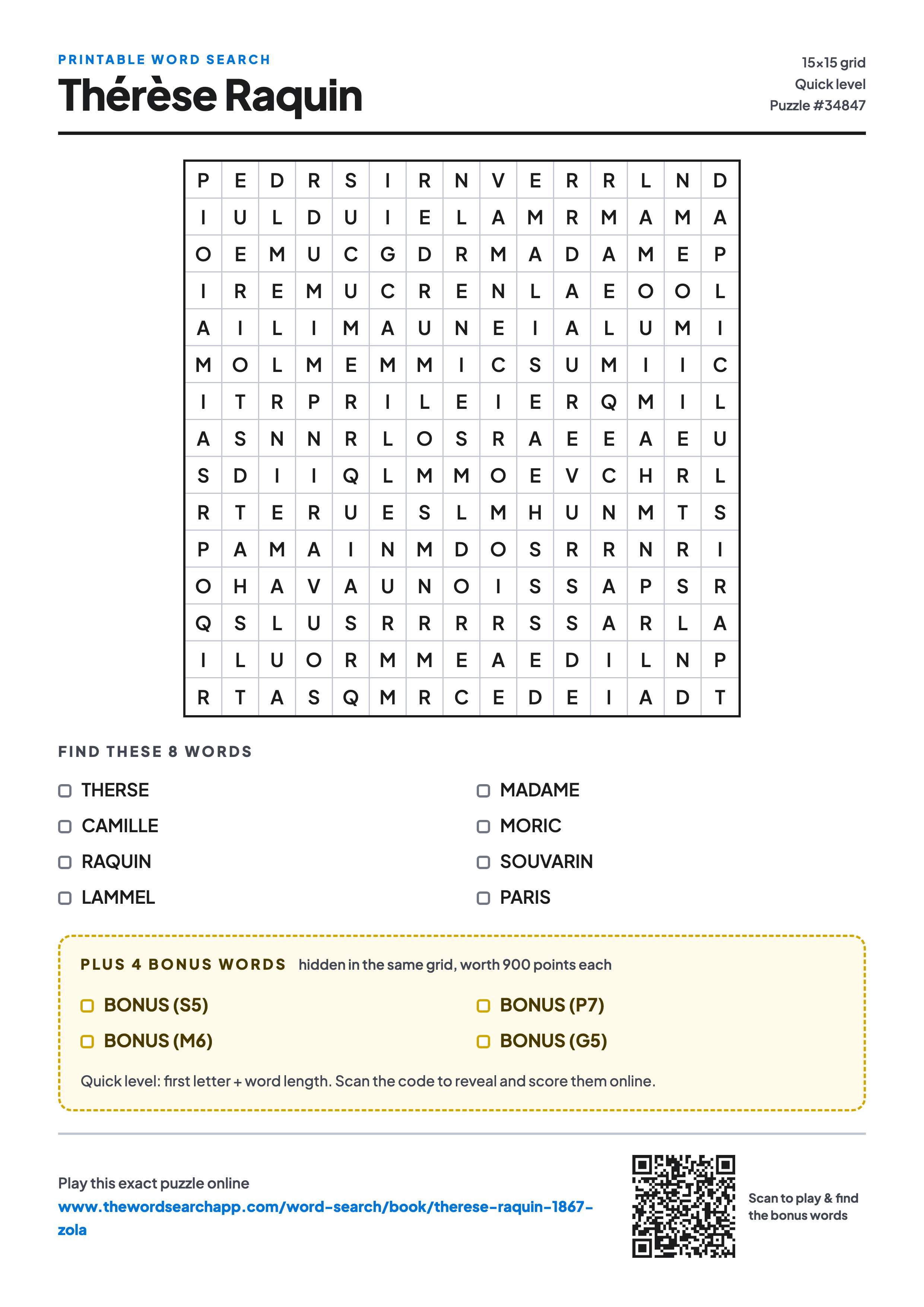 Printable Thérèse Raquin word search — 15×15 letter grid with 8 words to find including THERSE, CAMILLE, RAQUIN, plus 4 hidden bonus words