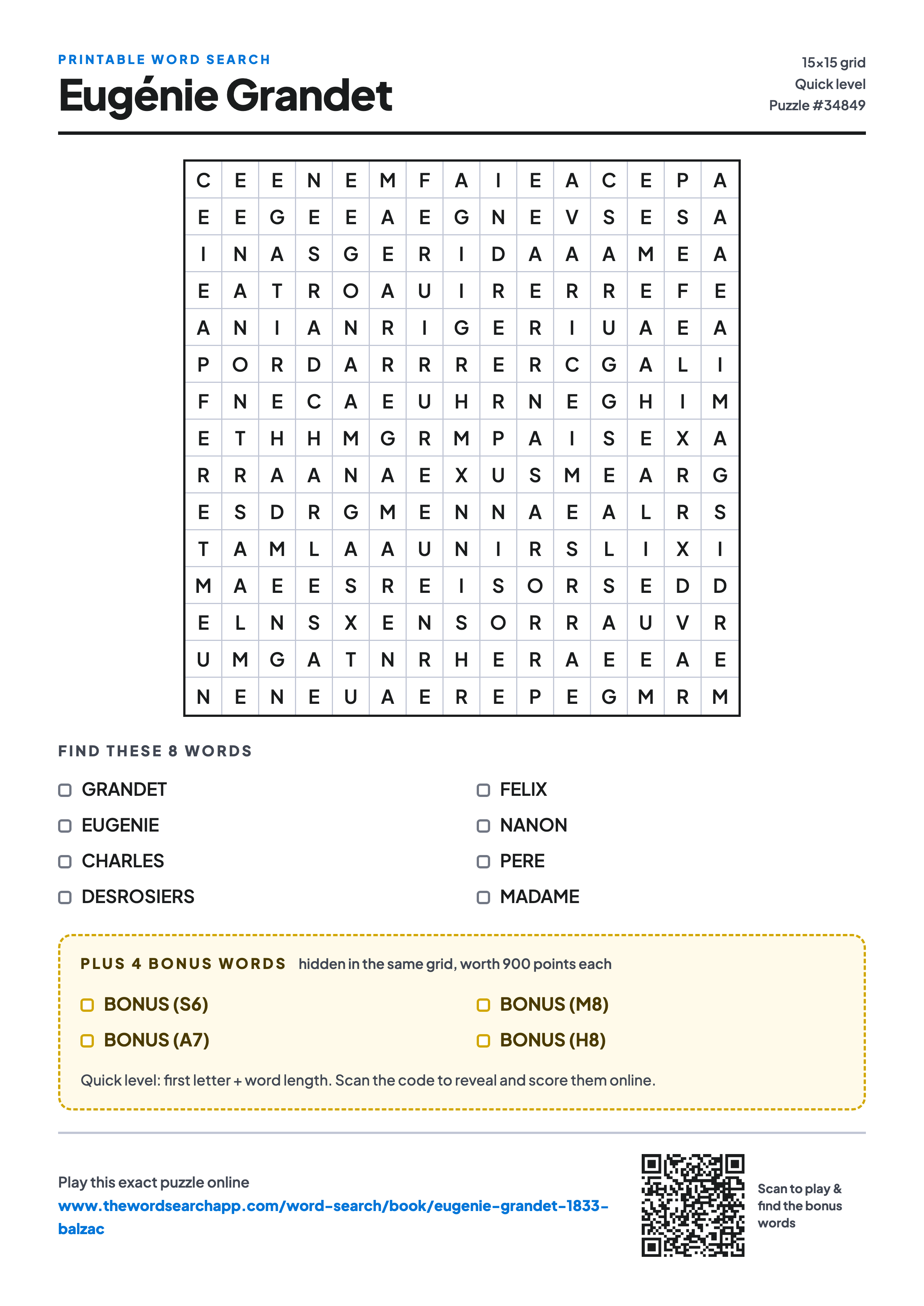 Printable Eugénie Grandet word search — 15×15 letter grid with 8 words to find including GRANDET, EUGENIE, CHARLES, plus 4 hidden bonus words