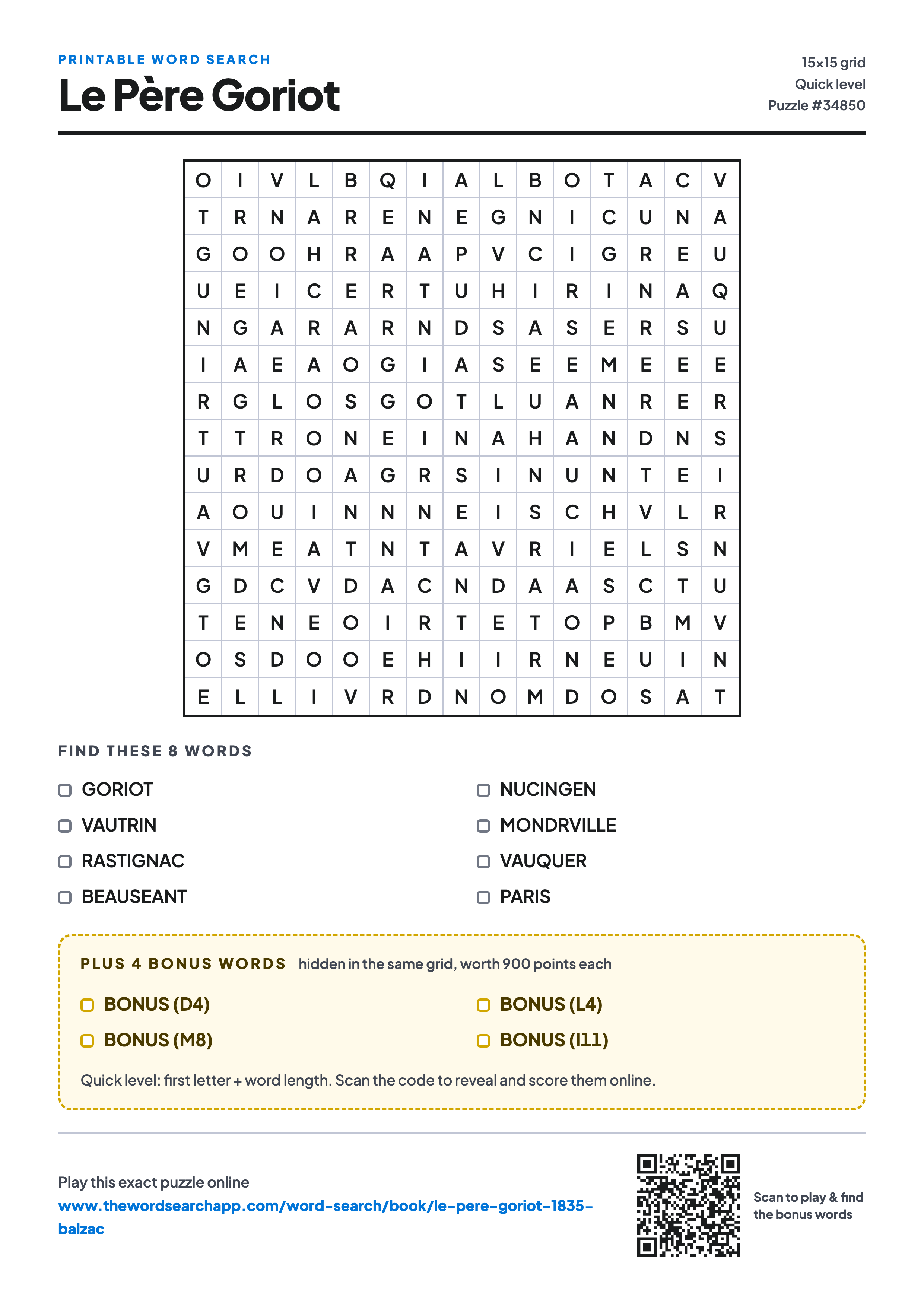 Printable Le Père Goriot word search — 15×15 letter grid with 8 words to find including GORIOT, VAUTRIN, RASTIGNAC, plus 4 hidden bonus words